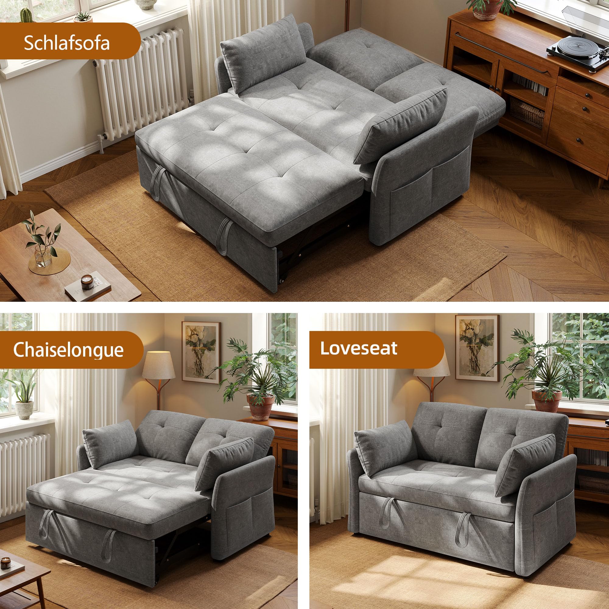 3-in-1 Schlafsofa mit 5-stufig Verstellbarer Rückenlehne, Schlafcouch mit 2X Kissen und 2X Seitentasche,Graues Leinen 2 sitzer Sofa für Gästezimmer & Kleine Räume