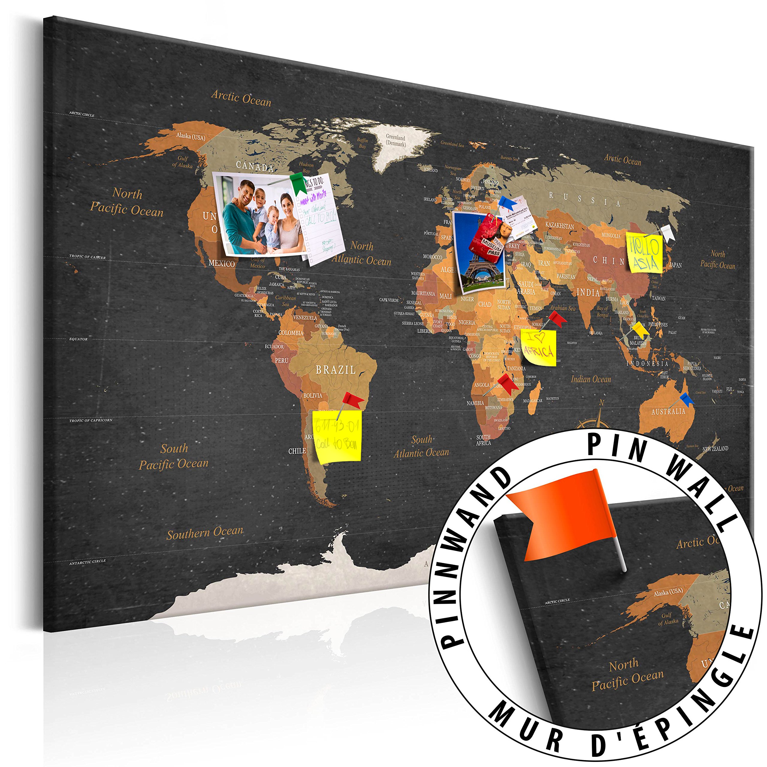murando - Pannello di Fibra con Puntine - Mappa del Mondo 90x60 cm 1 Pezzo - Bacheca & Quadro su tela in un uno - Decorativo per Parete - Lavagna per le Note Ufficio - Terra Planisfero k-C-0048-v-a