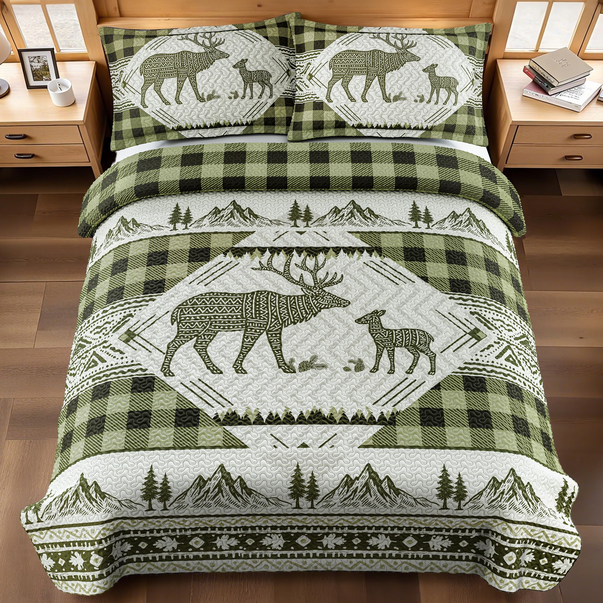 3 Piece Cabin King Size Quilt Sets Farmhouse Rustic Reversible Microfiber Soft Lightweight Bedspread Comforter with 2 Shams Patchwork Country Lodge Bedding Quilts Set for All Season, 106''x96'', Green