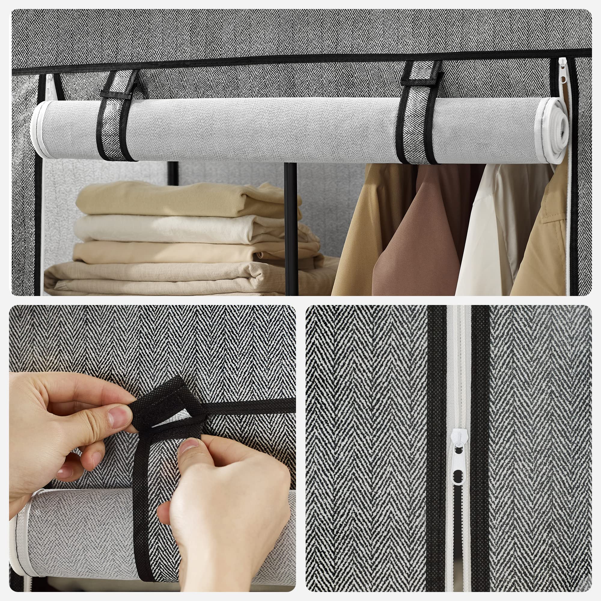 SONGMICS RYG084B22 Szafa na ubrania z 1 drążkiem i 6 wkładanymi półkami, włóknina, metalowa rama, 45 x 88 x 168 cm, do sypialni, korytarza, czarna z wzorem w jodełkę