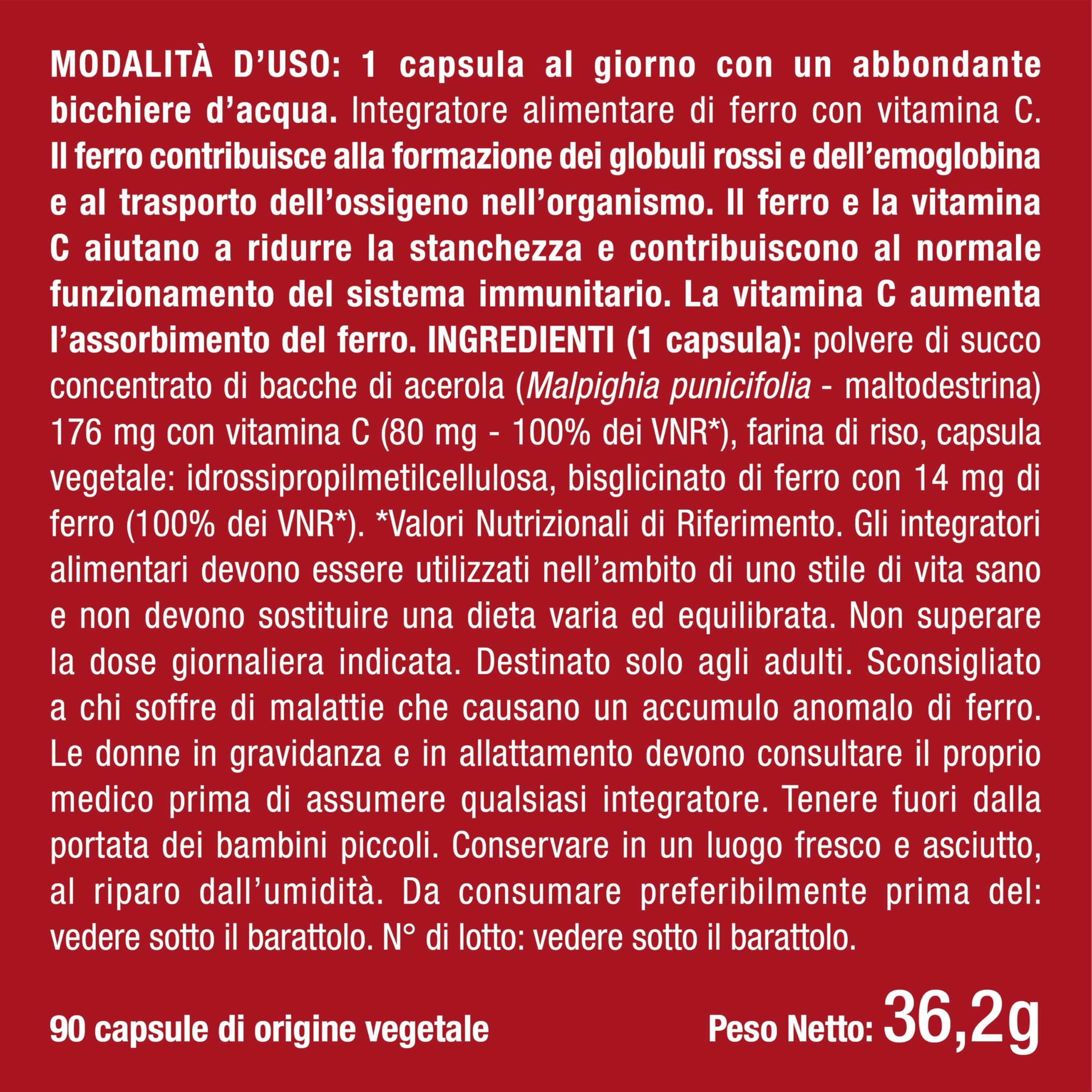 Ferro Bisglicinato | Integratore con Vitamina C | Per Stanchezza Fisica e Anemia | Elevata Tollerabilità Intestinale | Normale Funzione dei Glubuli Rossi e dell'Emoglobina | 90 Capsule