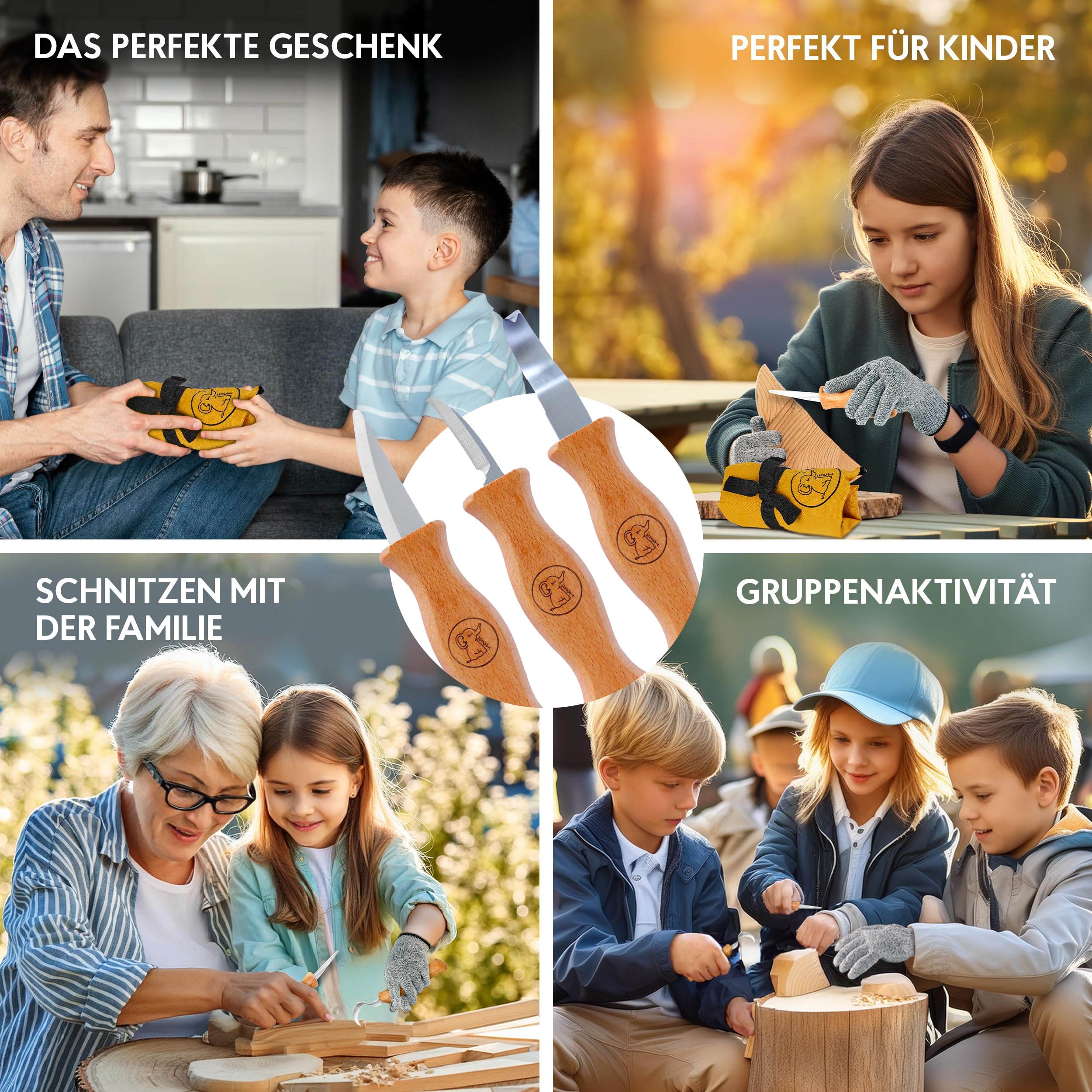 Eli® Schnitzmesser Kinder Set ab 6 Jahre inkl. Handschuhe und Schnitzholz | hochwertiges 15-teiliges Kindermesser Schnitzset - Kinderschnitzmesser - Schnitzwerkzeug - Taschenmesser - schnitzen Geschenk
