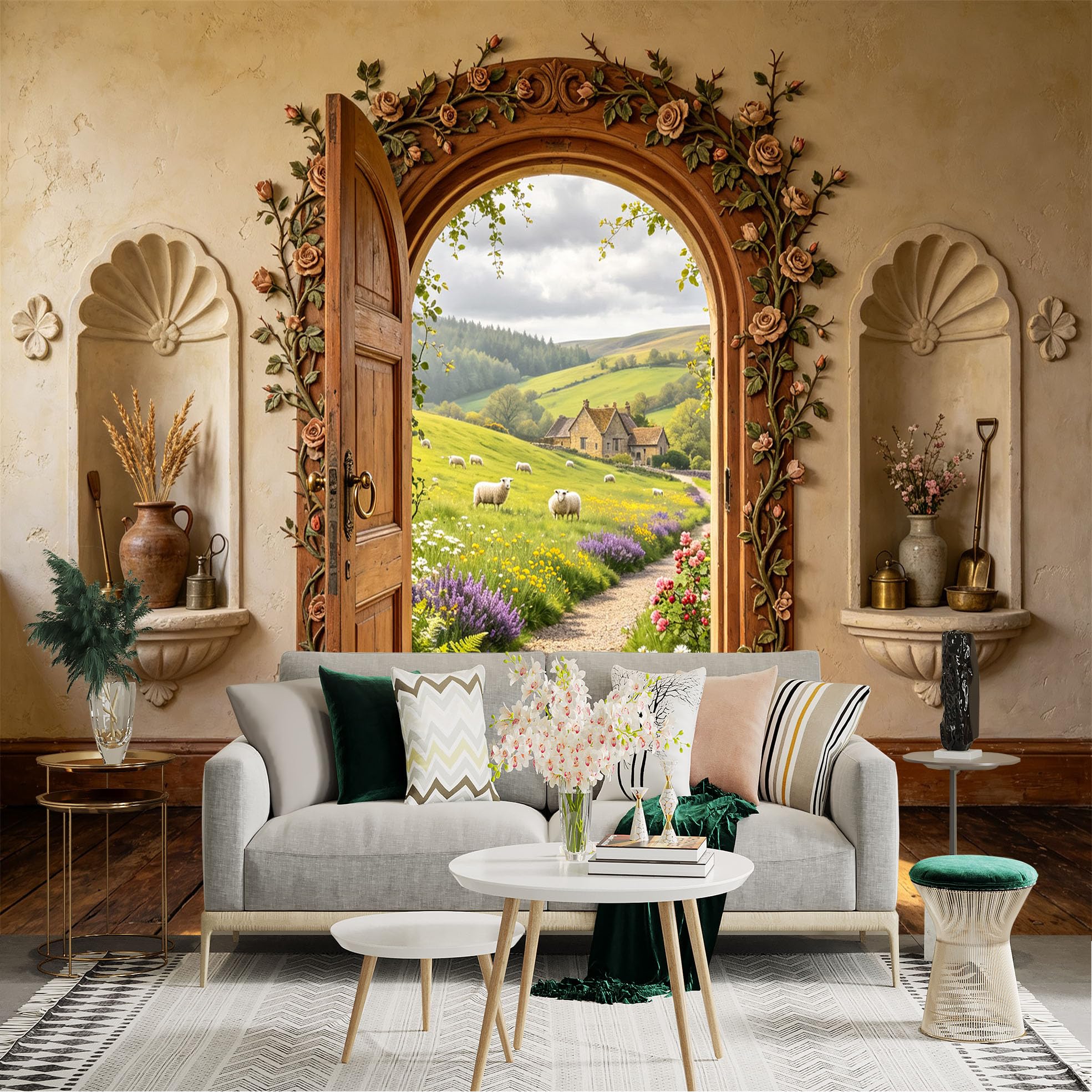 Lnzczhyre Bh260719258 Custom Size Wall Sticker Mural， Rustic Wooden Door With Floral Arch， Pastoral Meadow With Grazing Sheep， Peaceful Countryside Scenery， For Wall Decoration， Peelandstick Wall Decals.
