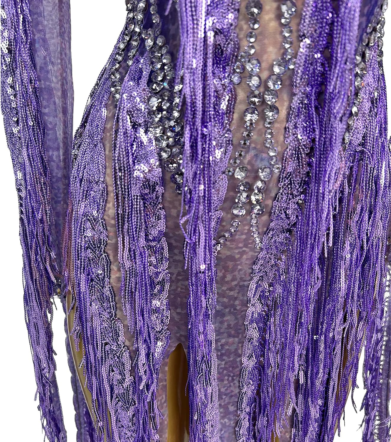 Women Purple Long Fringe Latin Dance Dress Rhinestone Illusion Mesh Gown with Flowing Tassels Nightclub Performance Costume