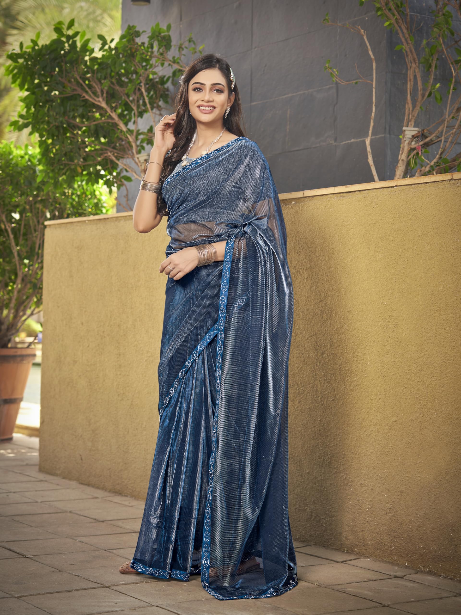 Glory Sarees Womens Lycra Ready To Wear Saree With Stitched Blouse (Rama)