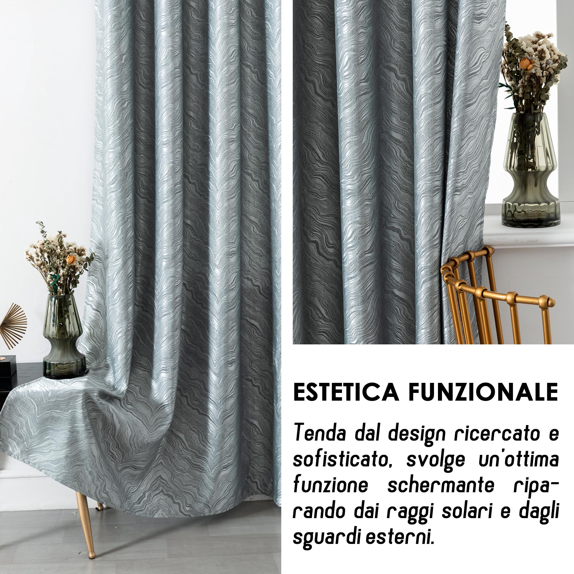 Tende Oscuranti Girasole: 2 Pannelli Effetto Metallizzato Per Camera E Soggiorno - Tessuto Isolante Luce E Rumore, Con Tasca Per Asta - Foto 5