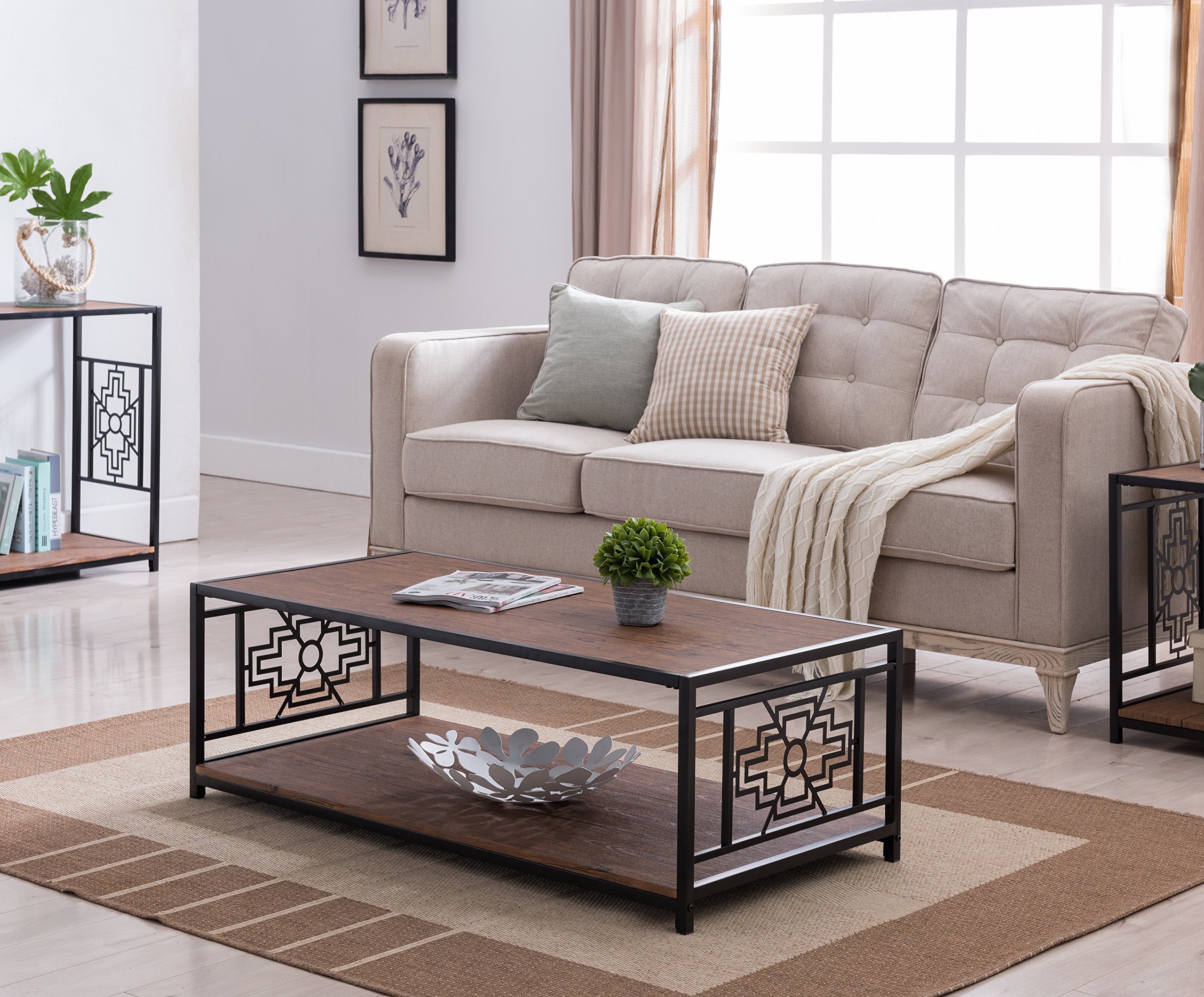 None Vintage Walnut Finish Black Metal Frame Cocktail Coffee Table with Bottom Shelf with Design