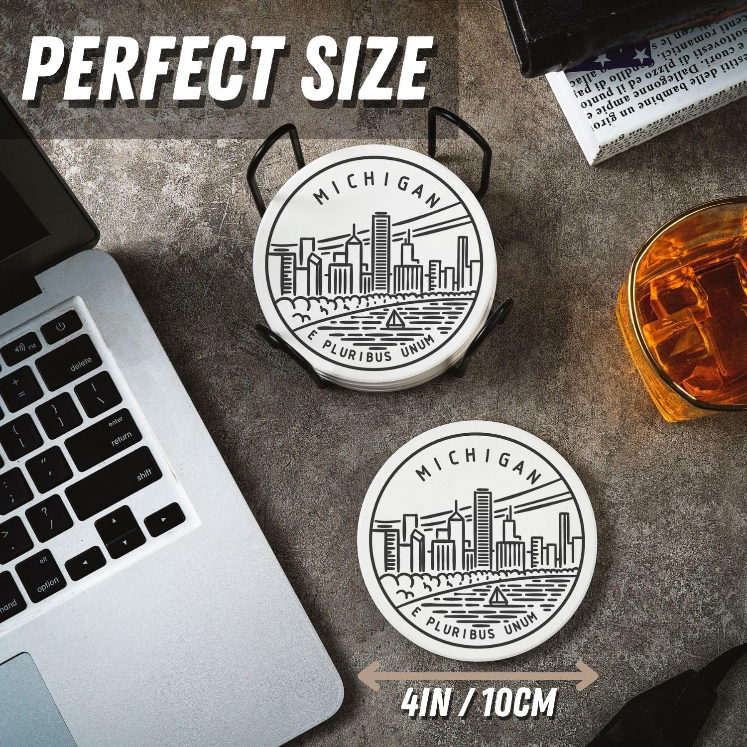 Onebttl Michigan Gifts Coaster Souvenir, Travel Homesick Gifts, Home Decor for Women, Moving, Housewarming, Set of 6, Ceramic, Absorbent with Cork Base - Image 2