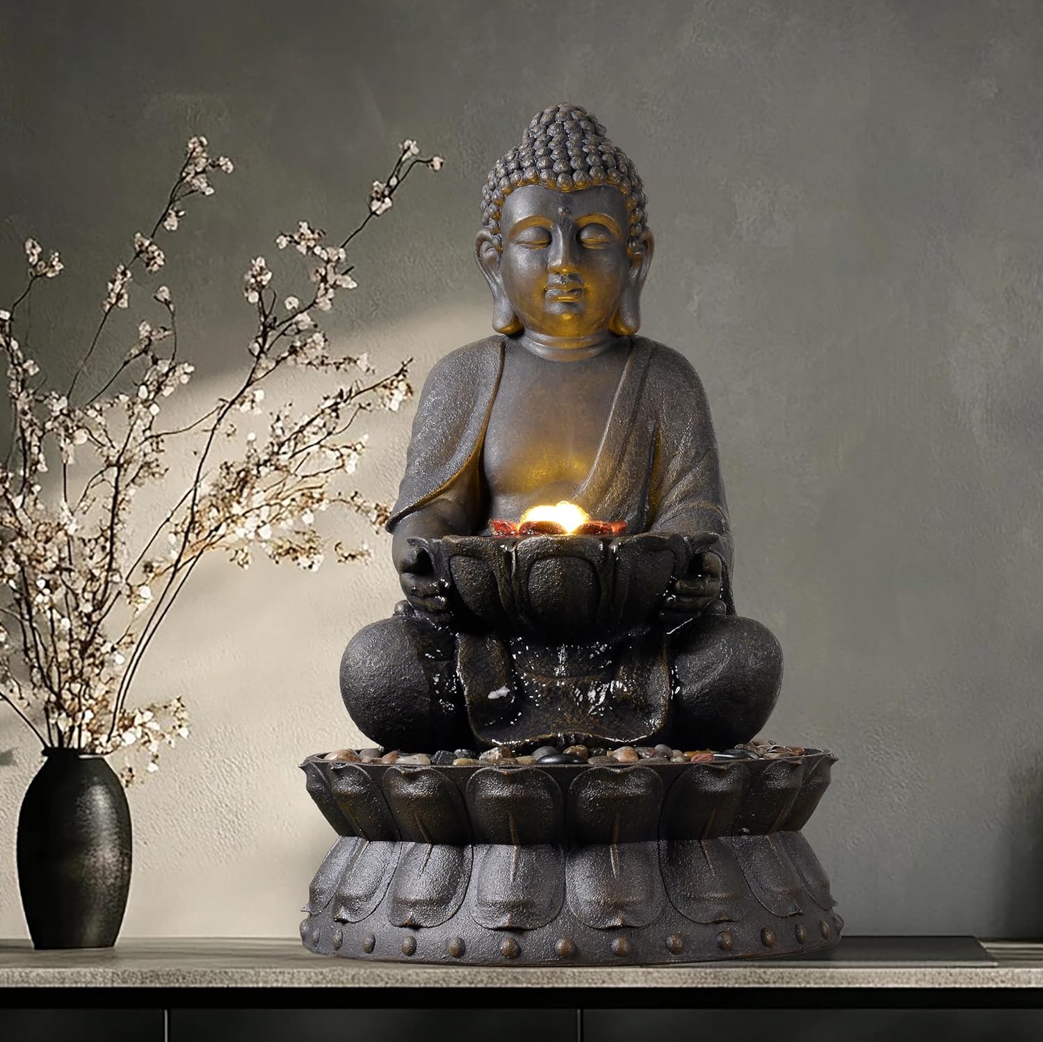 21.6 Inch Buddha Water Fountain with LED Light, Indoor Outdoor Decorative Resin Waterfall Feature, Dark Bronze