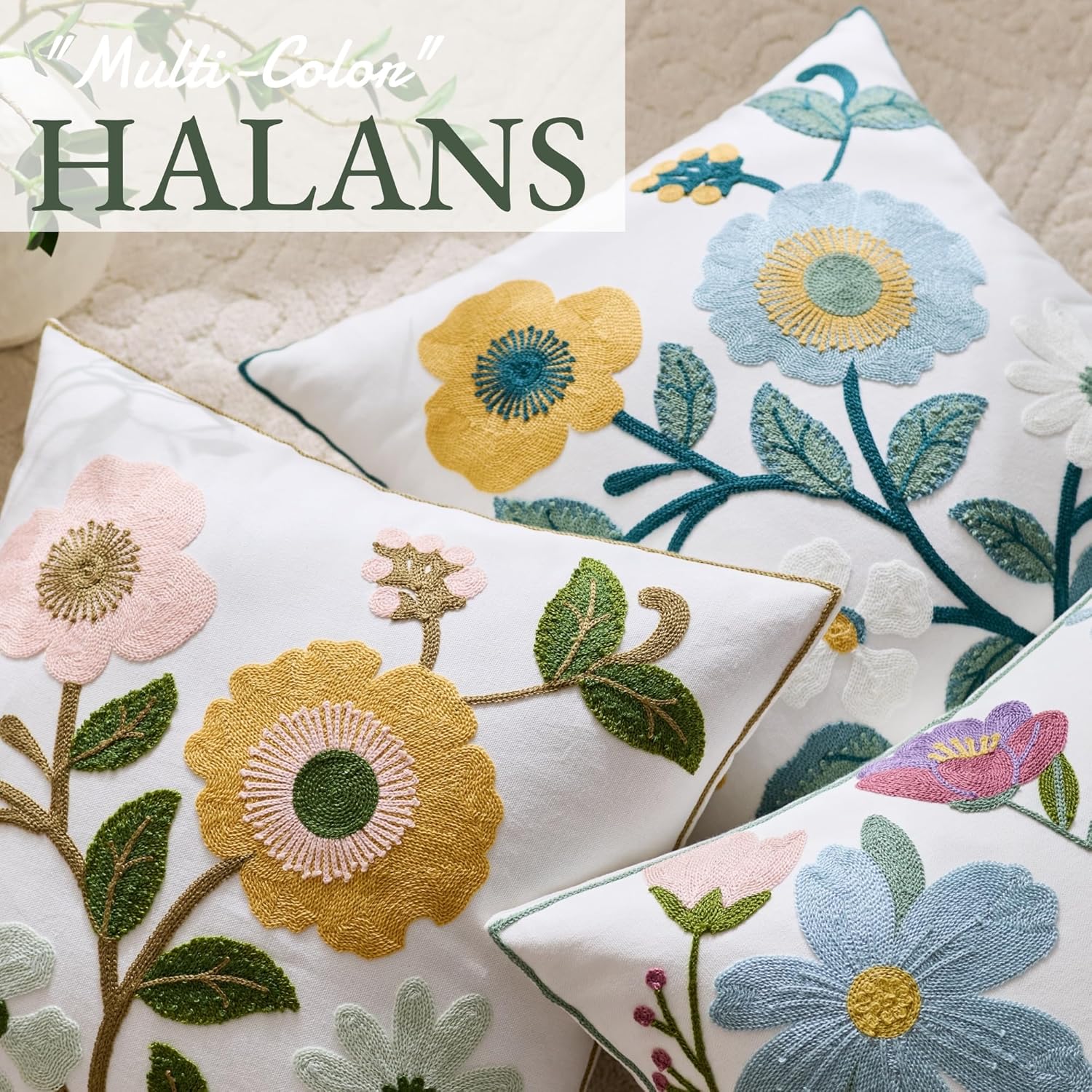 Embroidered Flower Throw Pillow Covers 18x18 Set of 2, Farmhouse Floral Decorative Cushion Cases with Zipper for Rustic Couch Bed Aesthetic (Tropical Flower, 18" x 18" (Pack of 2))