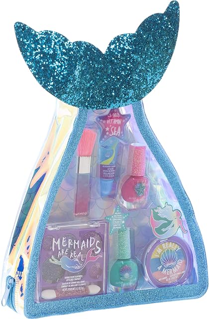 Townley Girl Mermaid Vibes Makeup Set with 8 Pieces, Including Lip Gloss, Nail Polish, Body Shimmer and More in Mermaid Bag, Ages 3+ for Parties, Sleepovers and Makeovers