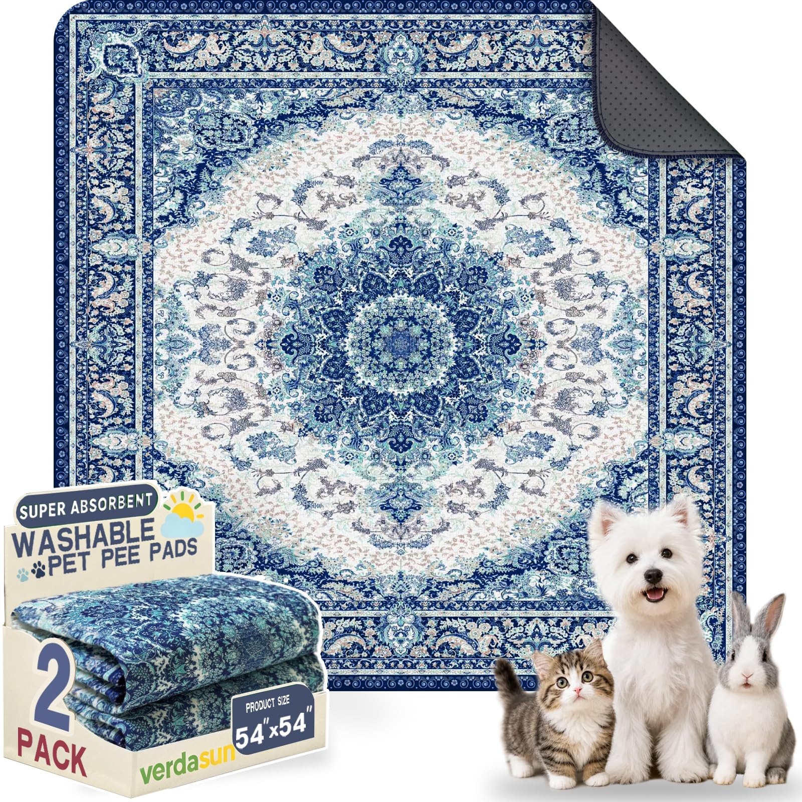 Washable Pee Pads for Dogs 54"x54" 2 Pack Reusable Puppy Potty Pad