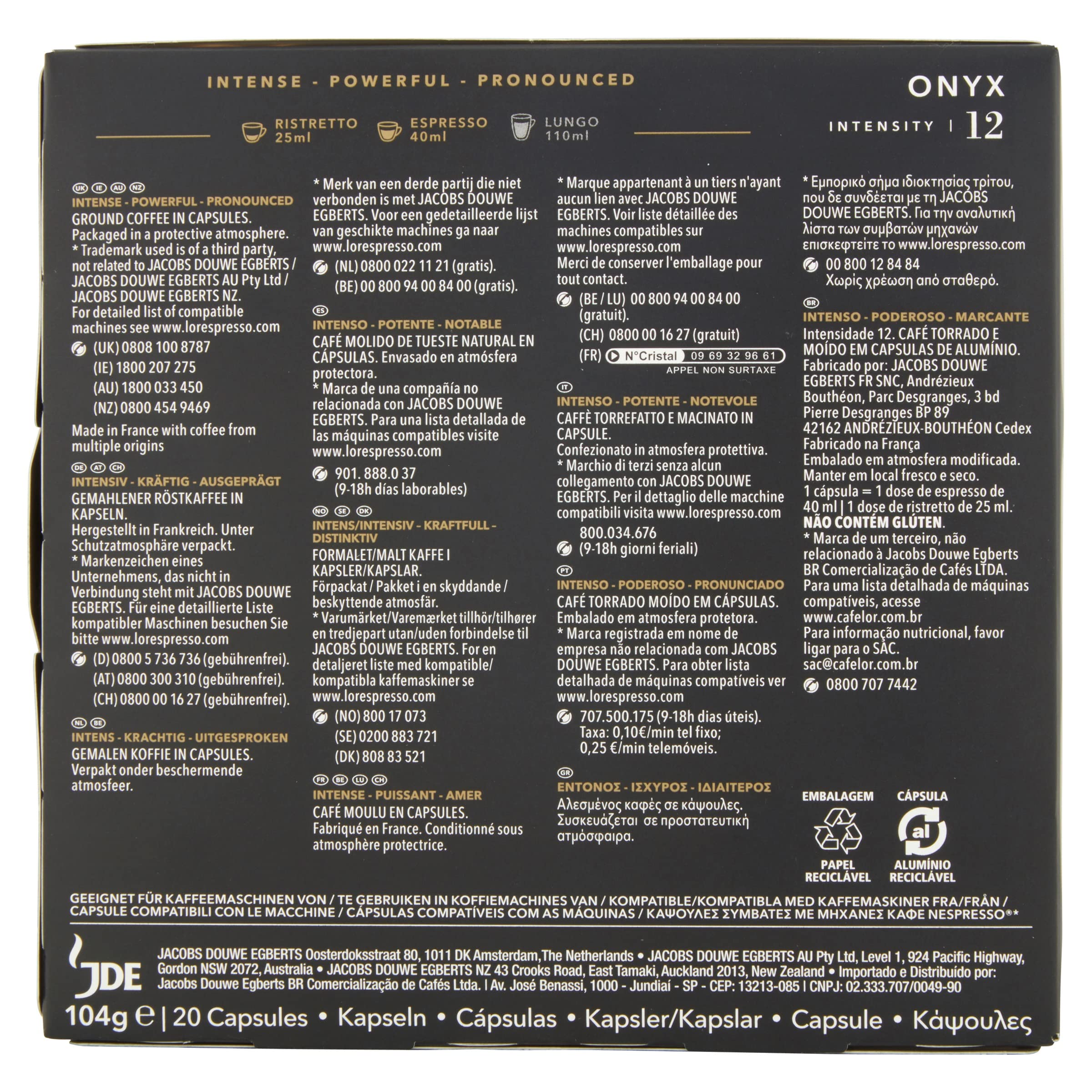 L'Or Espresso Café Onyx Intensidad 12, 10 Paquetes de 20 cápsulas