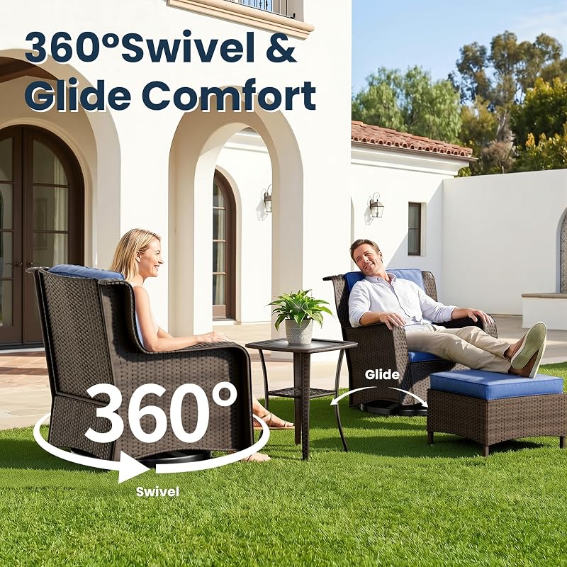 LEVELEVE Balcony Furniture 5 Piece Patio Conversation Set, PE Wicker Rattan Outdoor Swivel Rocking Chairs with Soft Cushions 2 Ottoman&Glass Table for Porch, Lawn-Brown Wicker/Blue Cushion image 5