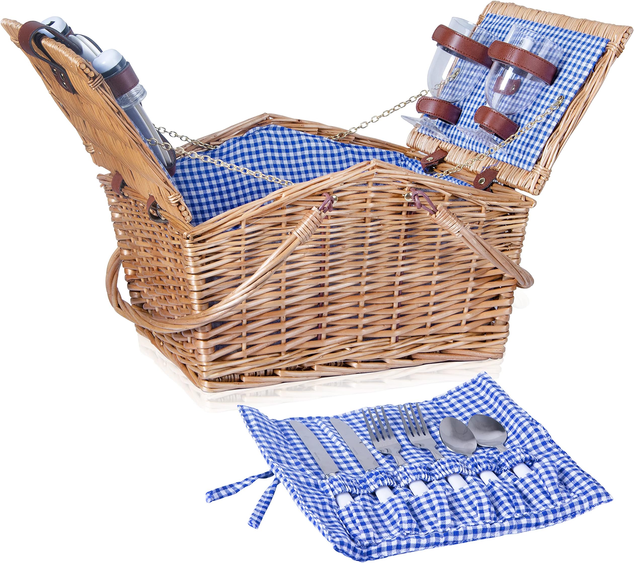 RURALITY Large Picnic Basket for 2 Persons,Wicker Picnic Sets with Plates, Wine Glasses, Cutlery, and Corkscrew for Outdoor Living, Camping, Blue Gingham