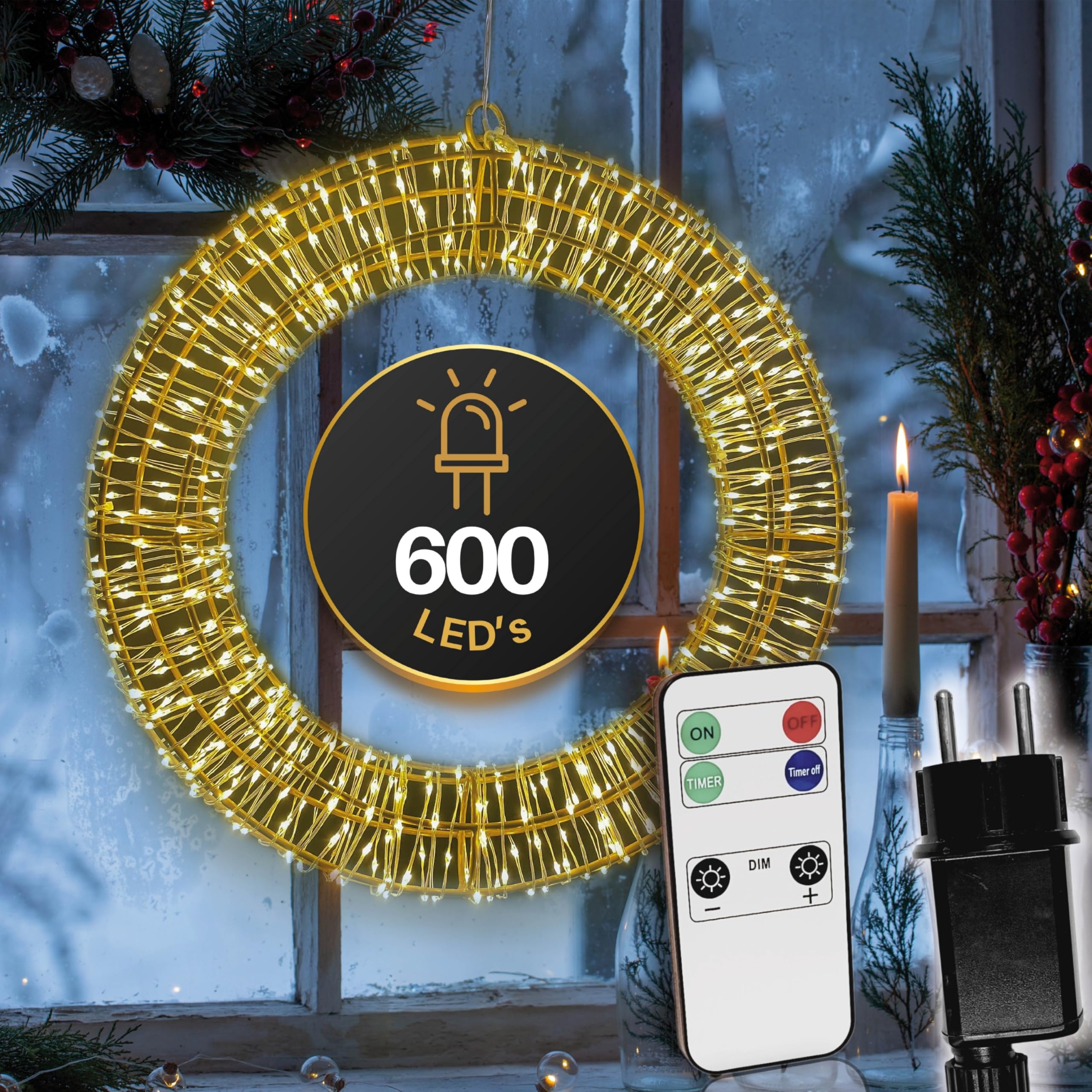 HiLight LED Weihnachtskranz Ø40 cm mit 600 LEDs | Metallkranz/Lichterkranz mit Fernbedienung & Timer - dimmbar | Adventskranz modern & Türkranz Weihnachten beleuchtet | Fensterdeko hängend