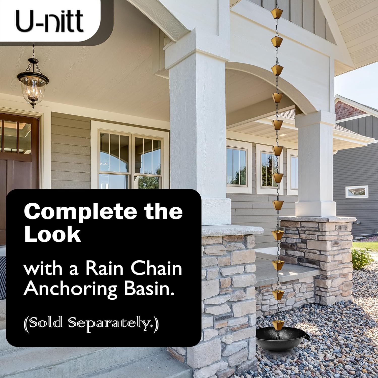 U-nitt Rain Chain Water Collection for Gutters Rainwater Catcher & Diverter, 8.5 FT Chains for Outside Garden, Golden Square Cups, Roof Downspout, Works with Heavy Rain, w/Gutter Clip for Rainchains