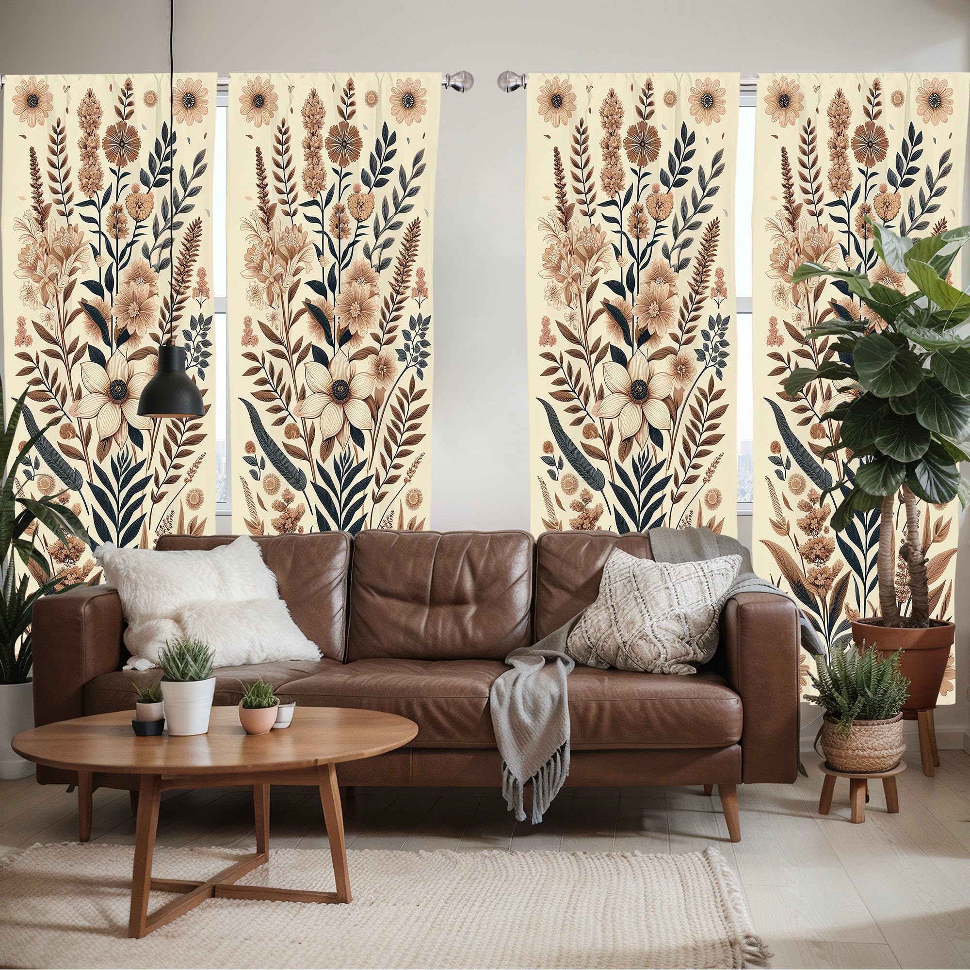 ABAKUHAUS Vintage Floral Window Curtains Pack of 2, Boho Garden of Nostalgia Branches Leaves and Blooming Flowers - Image 2