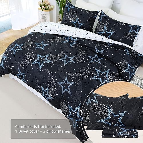 Miniatura 6 de Usfivefam Juego de funda de edredón tamaño King, 3 piezas, reversible, color blanco y negro, estampado de universo exterior, azul estrellado, juego