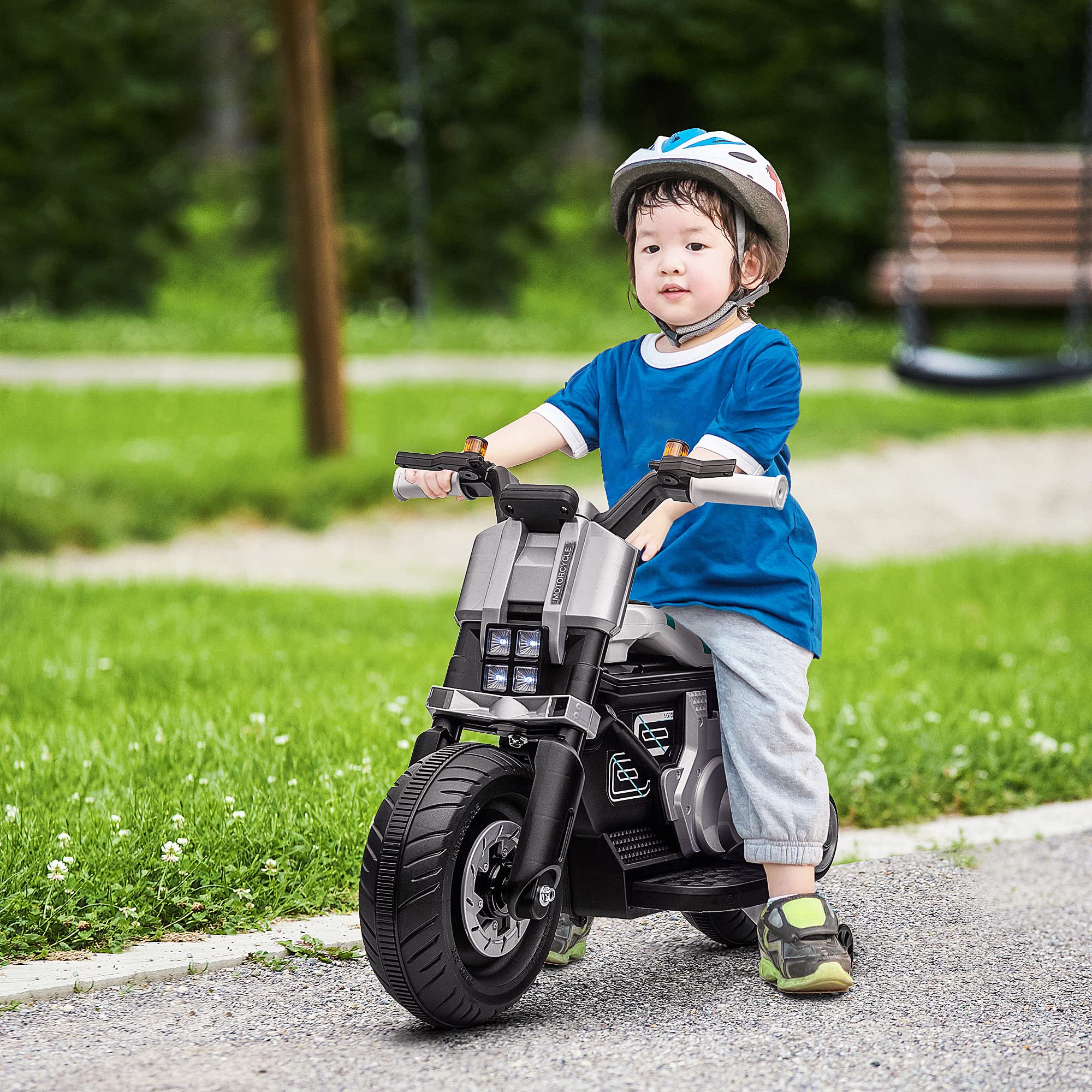 HOMCOM Moto Eléctrica para Niños de 3-5 Años 86x44x58 cm Negro y Blanco | Moto de Batería 6V, Faros, Música, Bocina, Velocidad 3 km/h, Avance Retroceso, Ruedas Auxiliares, Carga 25 kg