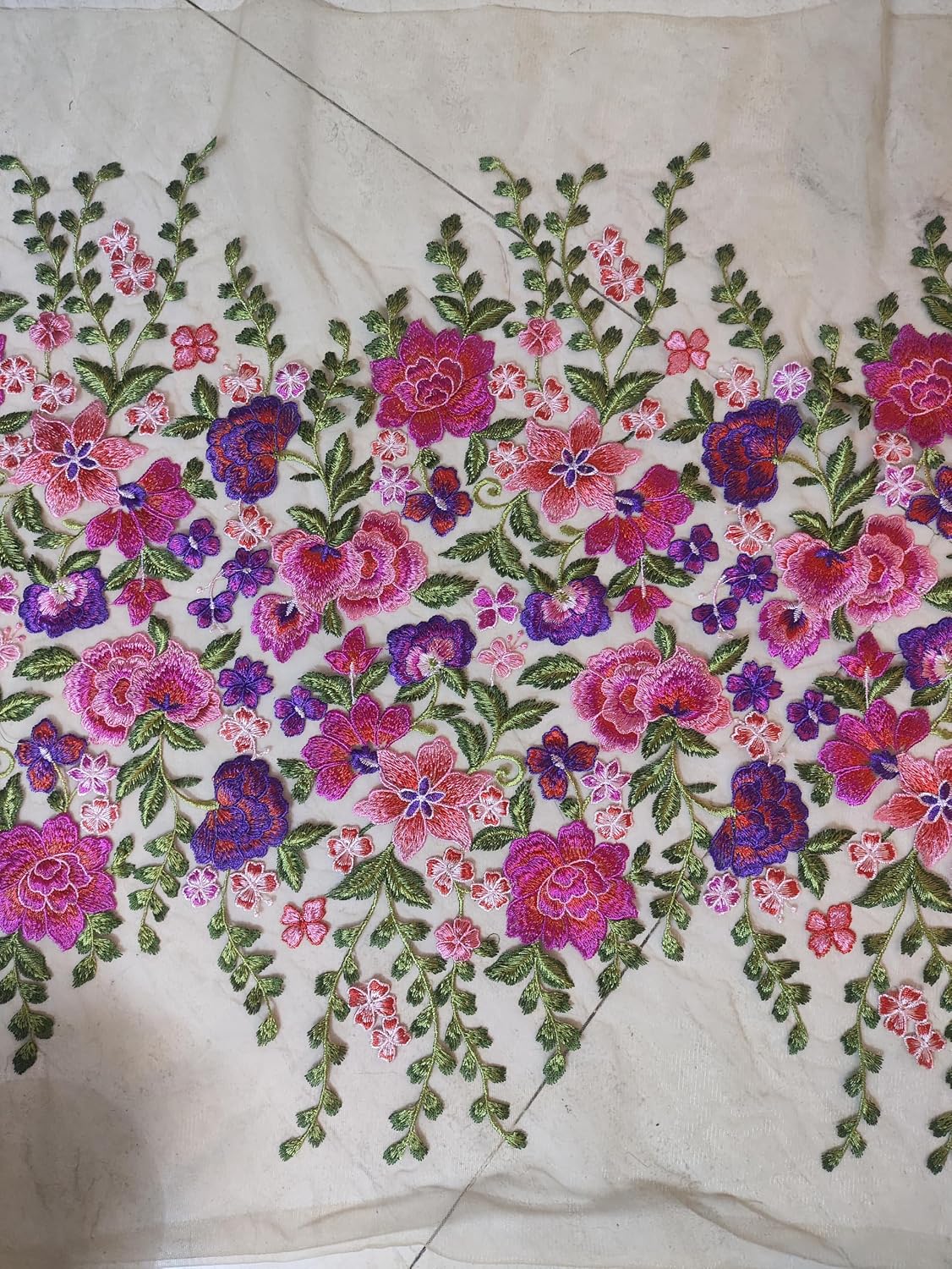 40CM Width Floral Embroidered Fabric, Pink and Purple on Apricot Mesh, 58 Inches Wide, Floral Theme,(White 1 Yard)