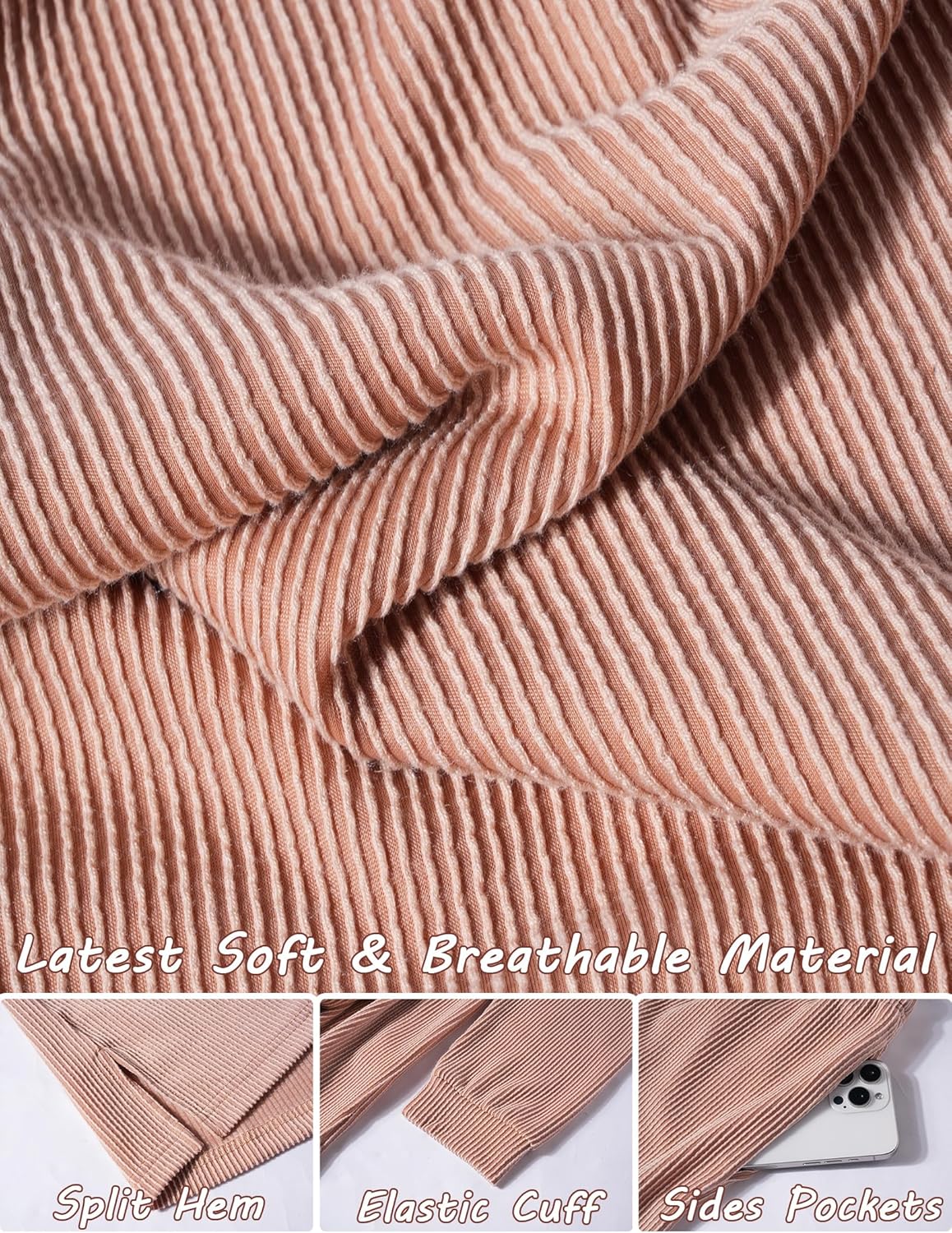 Ekouaer 2 Pieces Lounge Set for Women Long Sleeve Pajamas Top and Shorts Matching Sets Outfits with Pockets - Image 6