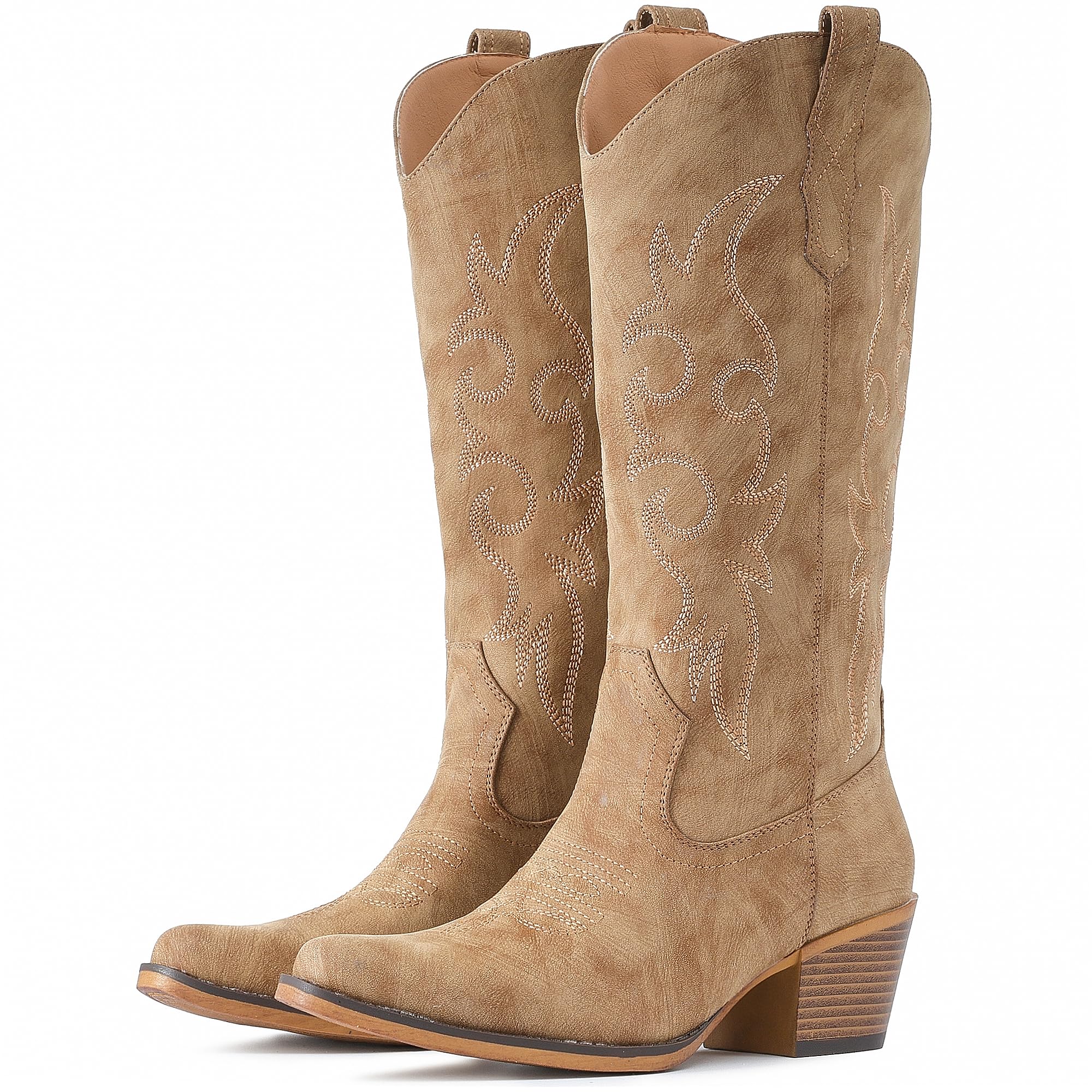 IUV Cowboystiefel für Damen, Western-Cowgirl-Stiefel, mittlere Wadenhöhe, leicht spitze, abgeflachte Schuhspitze (Snip-Toe) und kräftiger Blockabsatz