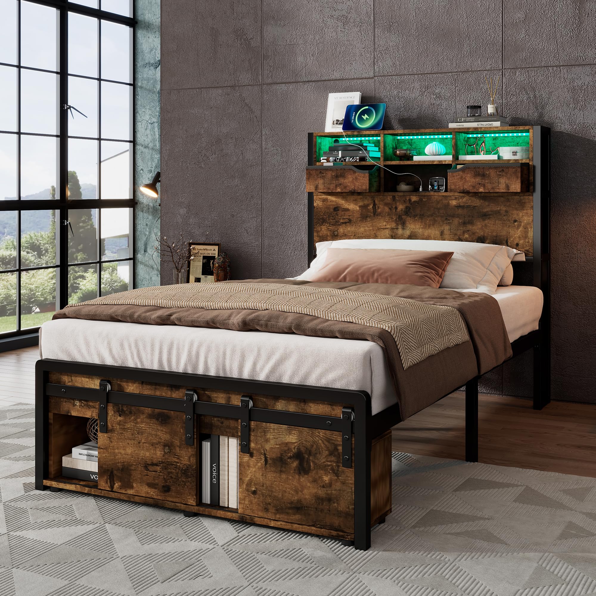 Merax Single bed frame, Single Storage Bed with Storage Headboard and Foot, LED light strip, 3 USB charge port, Metal Slatted Frame, for adults&teenagers(No Mattress), Black+Walnut/90CM*190CM โ image 1