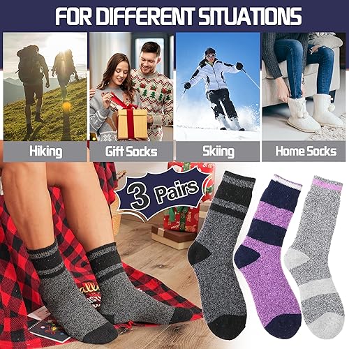 Miniatura 6 de MOGGEI 3 pares de calcetines térmicos de invierno para mujeres y hombres, gruesos, extra cálidos, aislados, calcetines para botas de esquí para