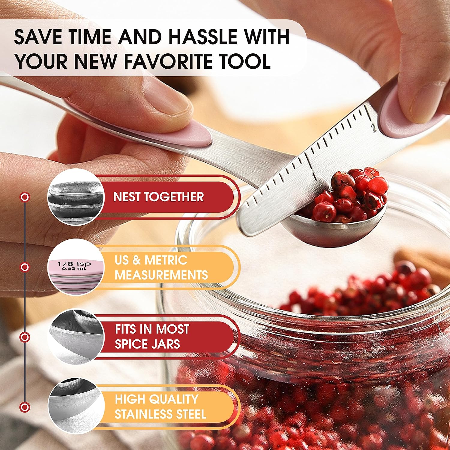 Spring Chef Stainless Steel Magnetic Measuring Spoons Set of 8 with Leveler, Dual Sided Teaspoon & Tablespoon Measuring Spoons with Strong Magnets, Kitchen Gadgets for Baking & Cooking - Pink Lemonade