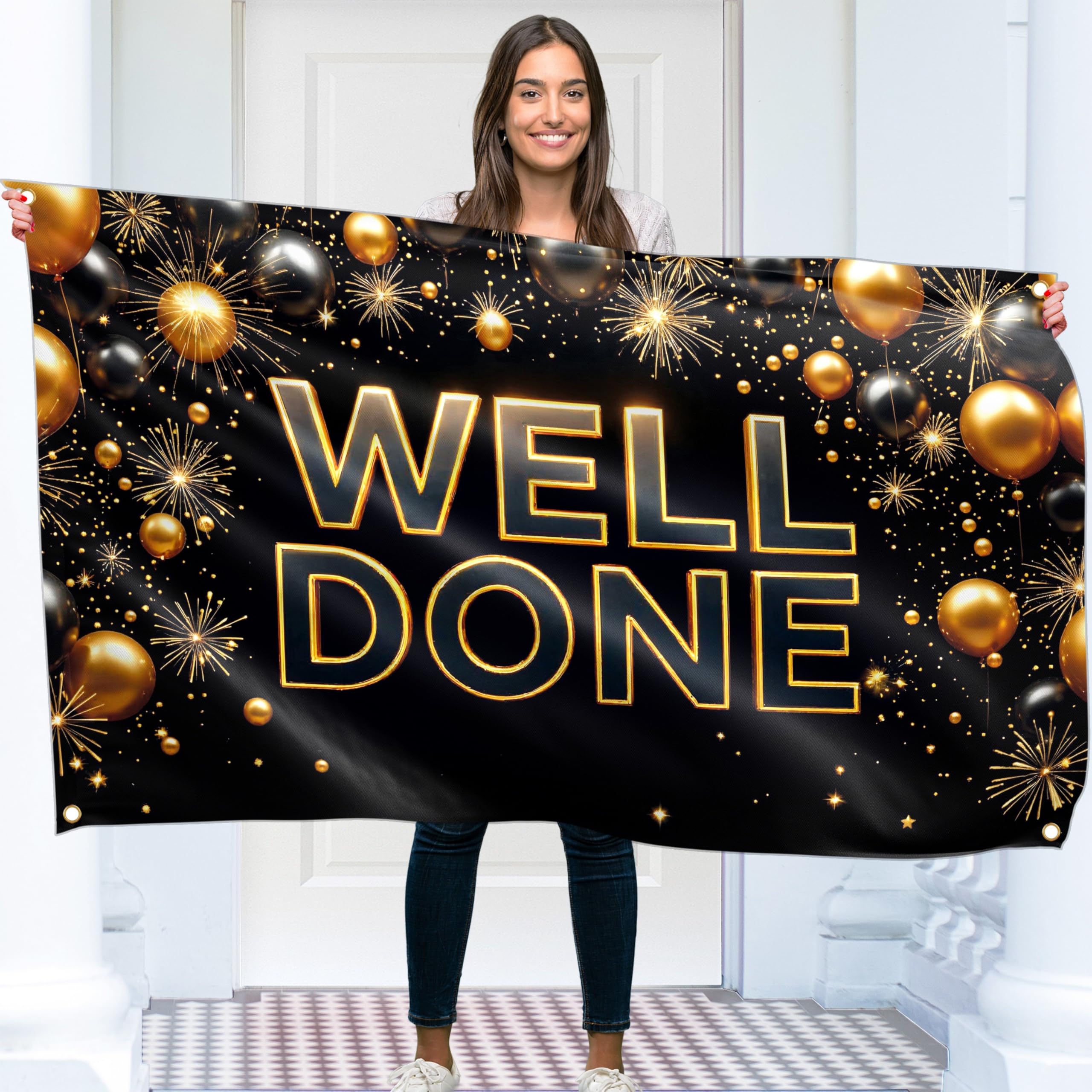 Well Done Banner - Congratulations Banner - Congratulations Decorations - We Are So Proud Of You - Happy Graduation for Prom - 5x3ft (Black & Gold)