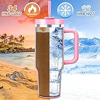 Vista 4 de Vaso de 40 onzas con asa y popote, tapa 2 en 1, botella de agua de doble pared con aislamiento al vacío de acero inoxidable, taza de viaje - Regalos