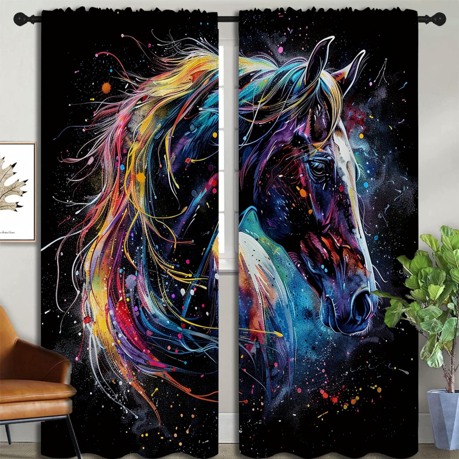 Farm Animal Blackout Curtains for Boys Girl Bedroom Decor,Funny Horse Colorful Splash Art Thermal Insulated Rod Pocket Drapes Darkening Window Curtain for Living Room Home 84x63 inch