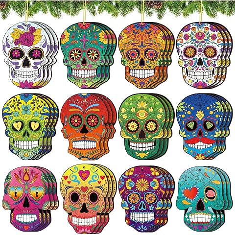 36 Pcs Sugar Skull Christmas Ornaments Wooden Day of The Dead Hanging Ornaments for...