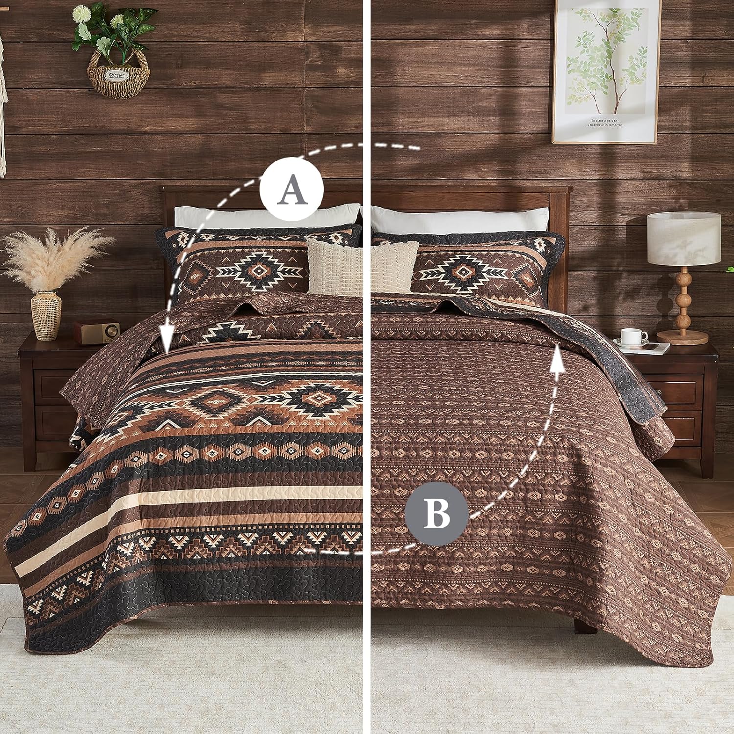 SahSahCasa Quilt Set King Size, 100% Cotton, King Comforter Set, Aztec Striped Quilted Bedspreads, King Bedding Set, Reversible Lightweight Bed Spread for All Season, Brown/Black, 3pcs