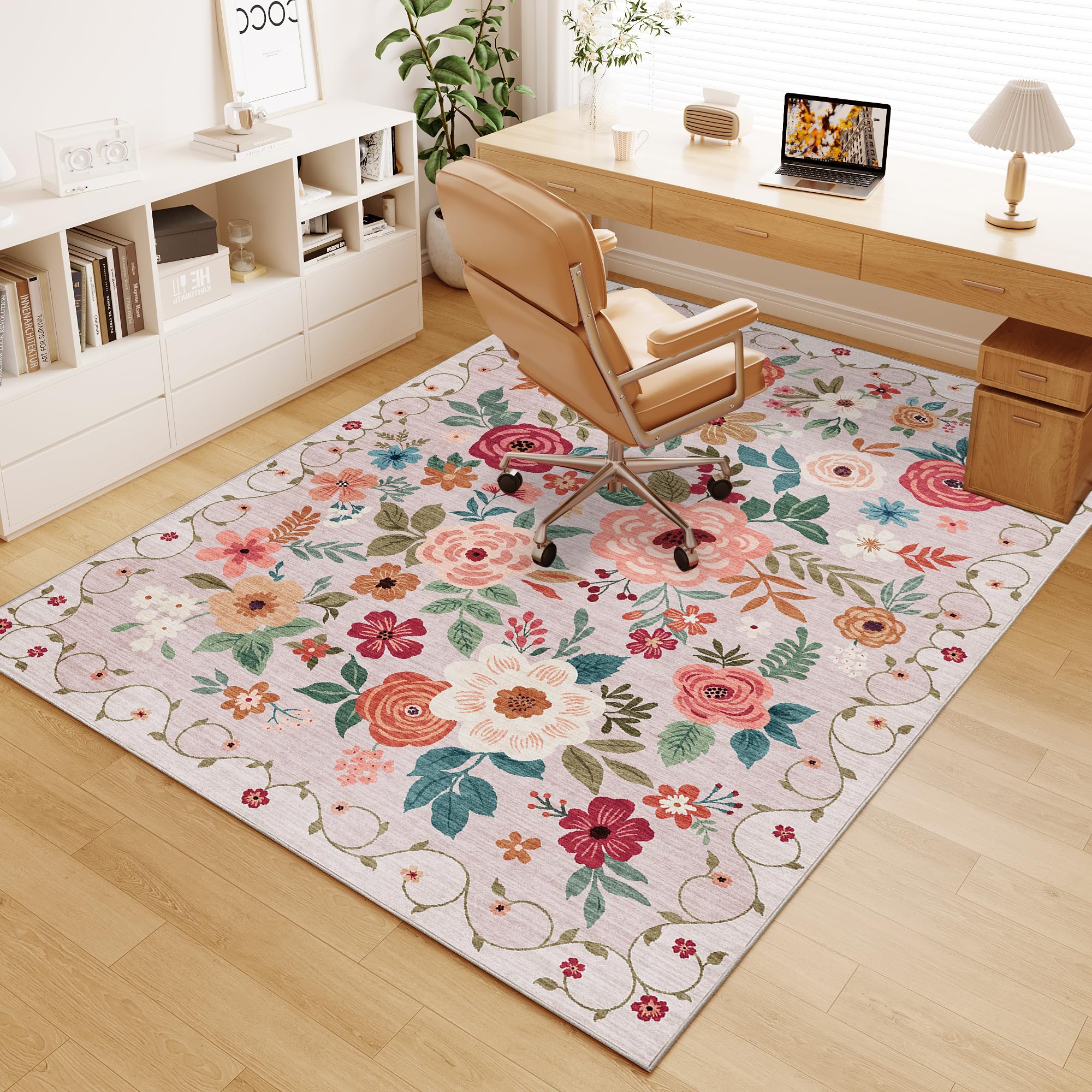 DUKINO 4x6 Area Rug, Floral Washable Rug Non Slip Office Chair Mat, Beige | Low Pile, Stain Resistant, Soft Indoor Rug for Bedroom, Living Room, Dining Room, Kids Room, Pet Friendly, Modern Home Decor