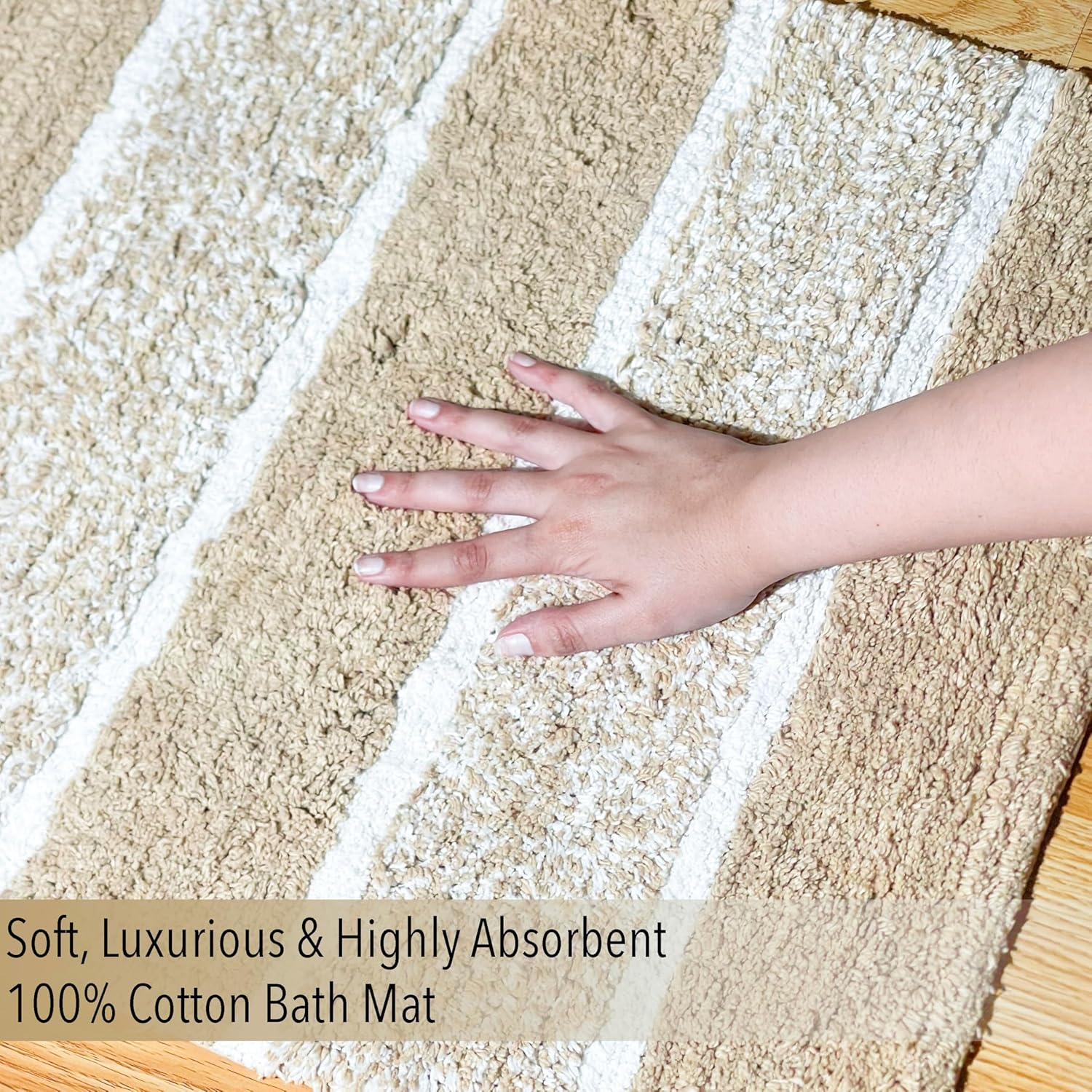 Chardin home Cordural Stripes Bath Mat, Set of 2 Bath Rugs (17x24 Inches & 21x34 Inches) | Non Slip Bathroom Rug, Machine Washable, Plush, Highly Absorbent | Beige-White