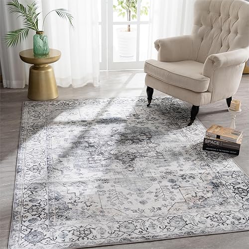 Miniatura 10 de Syalife Alfombra vintage lavable, alfombra de sala de estar con parte trasera antideslizante, alfombra de interior envejecida que no desprende