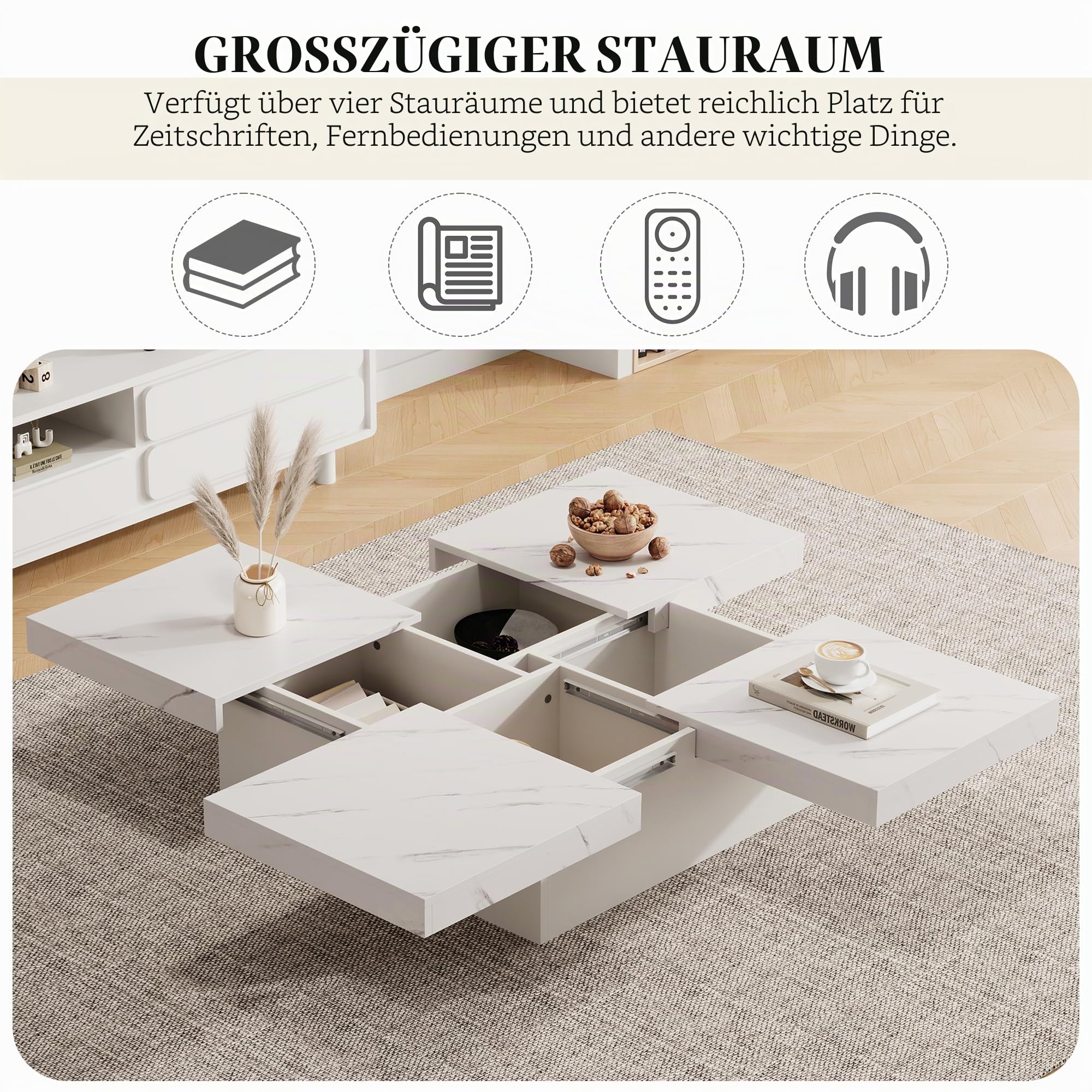 BTM Moderner Weißer Quadratischer Couchtisch mit Marmor-Optik, 90 x 90 x 25 cm – Vier Schubladen, Schiebbarer Tischplatte, Belastbar bis 30 kg