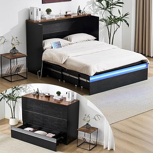 VINGLI Full Size Murphy Bed with Storage Drawer,Smart LED Lighting,Built-in 2 Charging Stations, Space-Saving Cabinet Bed for Kids,Adults & Guests,Classic Black