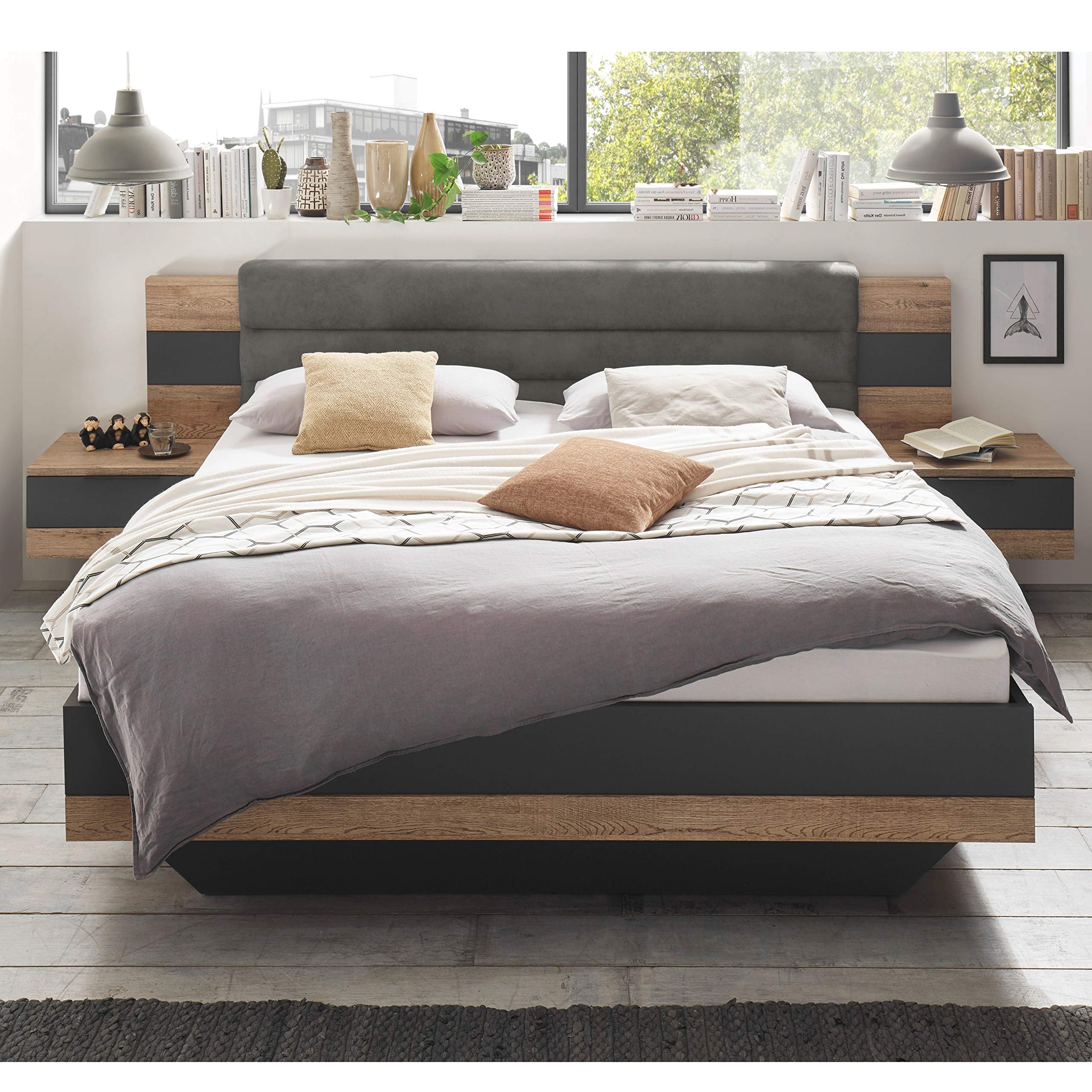 Stella Trading LINEA Stilvolle Doppelbett Bettanlage 180 x 200 cm mit 2x Nachtkommoden - Schlafzimmer Komplett-Set in Bartex Eiche Optik, Graphit - 296 x 97 x 210 cm (B/H/T)
