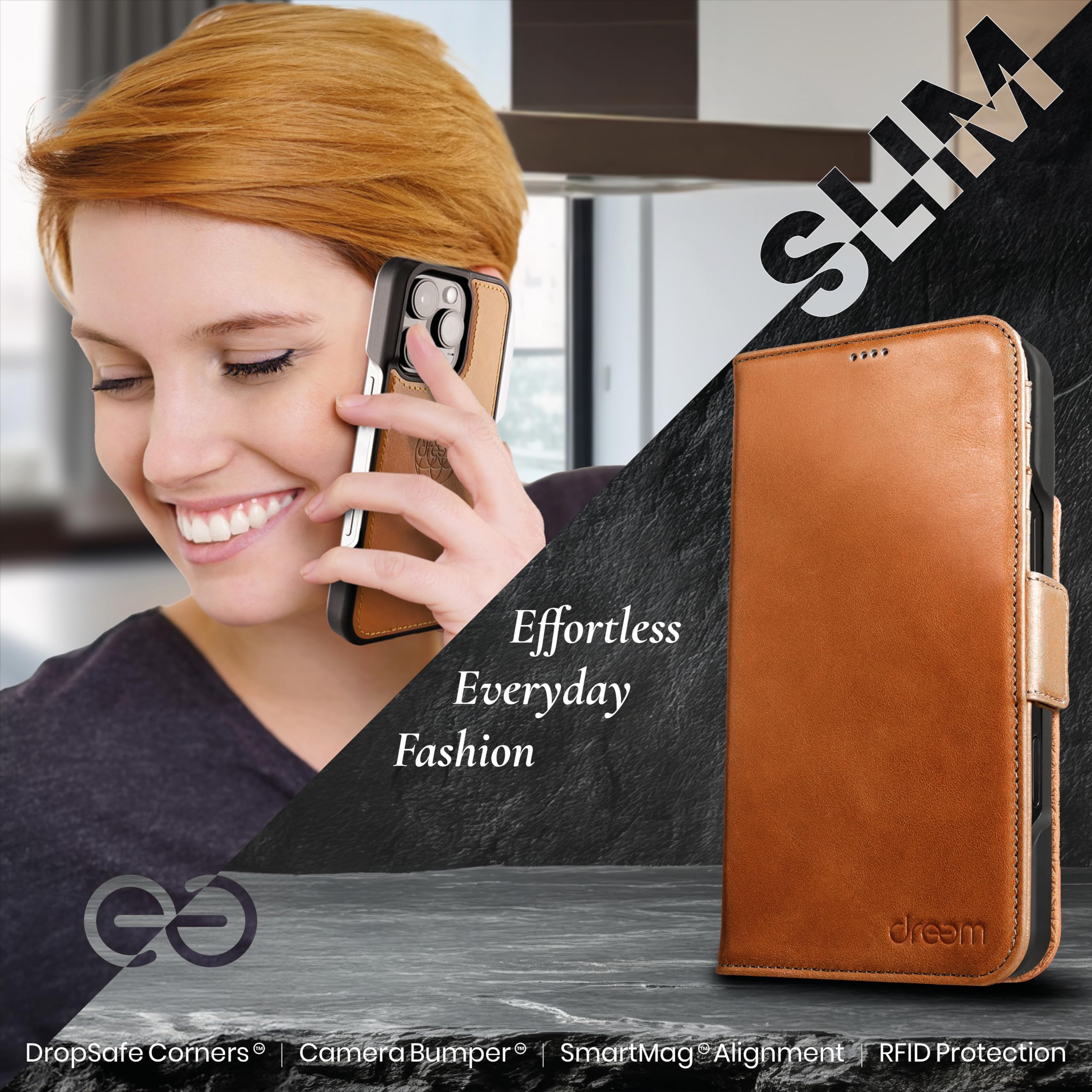 dreem Fibonacci Compatible with iPhone 16 Pro Max Wallet Case/2 in 1 Shockproof Case and Detachable Vegan Leather Folio, MagSafe Compatible, RFID Protection [Caramel] - 4