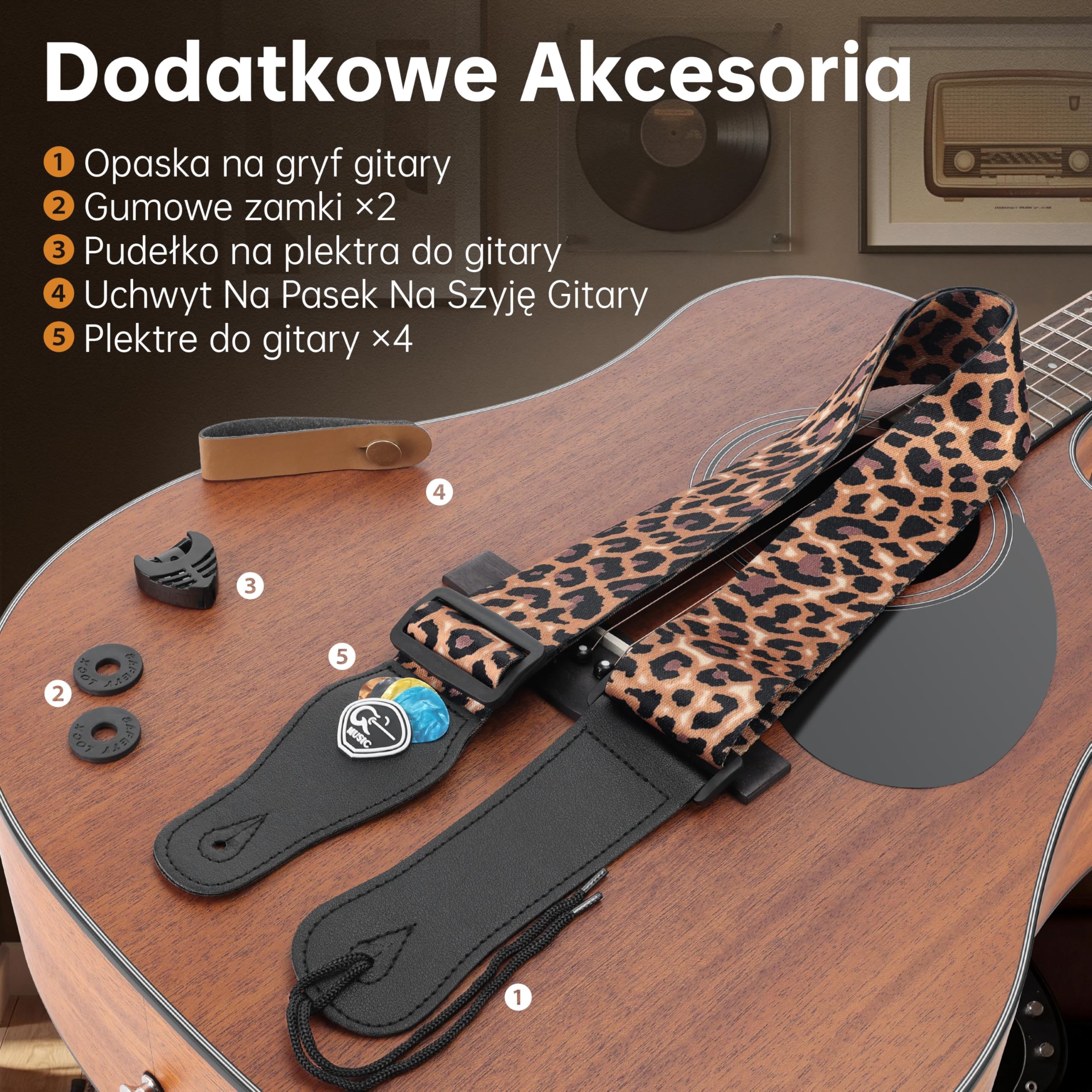 SUNYA Pasek do gitary nylonowy, szerokość 5 cm z końcówkami ze skóry licowej, zawiera gumowe blokady i kostki, regulacja 88-145 cm do gitar akustycznych, elektrycznych i basowych