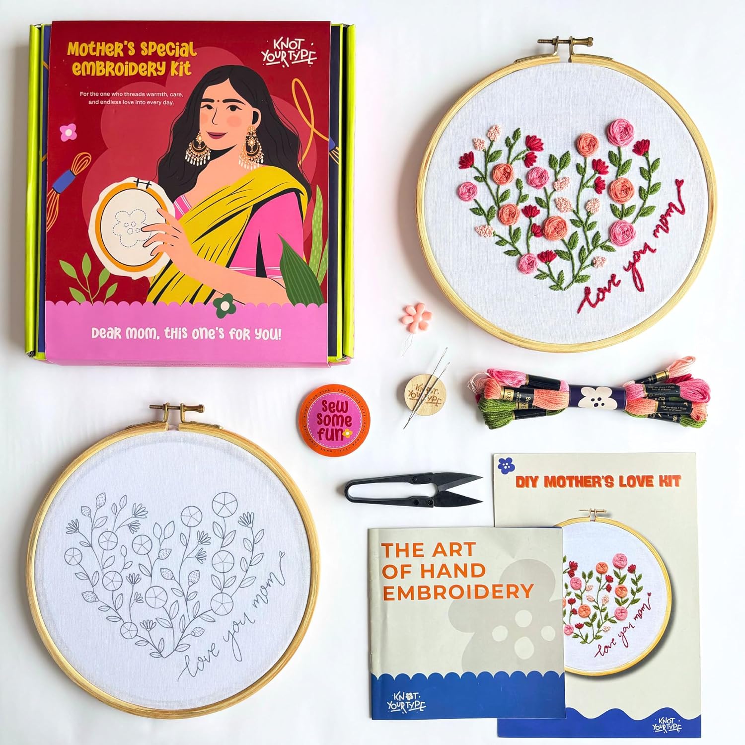 KNOT YOUR TYPE Mother's Love DIY Embroidery Kit with Gift Box | Hand Embroidery Kit with All Stitching Materials | Perfect Art & Craft Gift Set, Stitching Kit for Adults