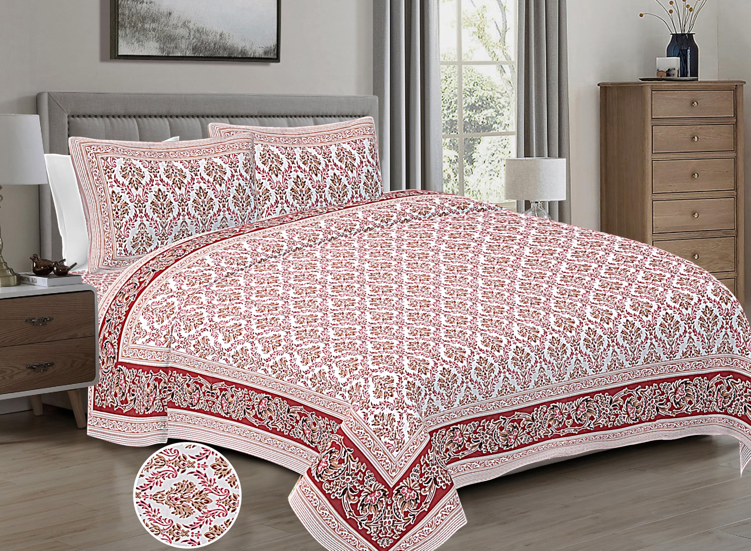 HZAR ART Soft Cotton King Size Bedsheet for Double Bed with 2 Pillow Covers | 280 TC Flat Sheet | Jaipuri Print Double BedSheet Cotton(Phulkari Print, 90 X 108 Inches) SB68