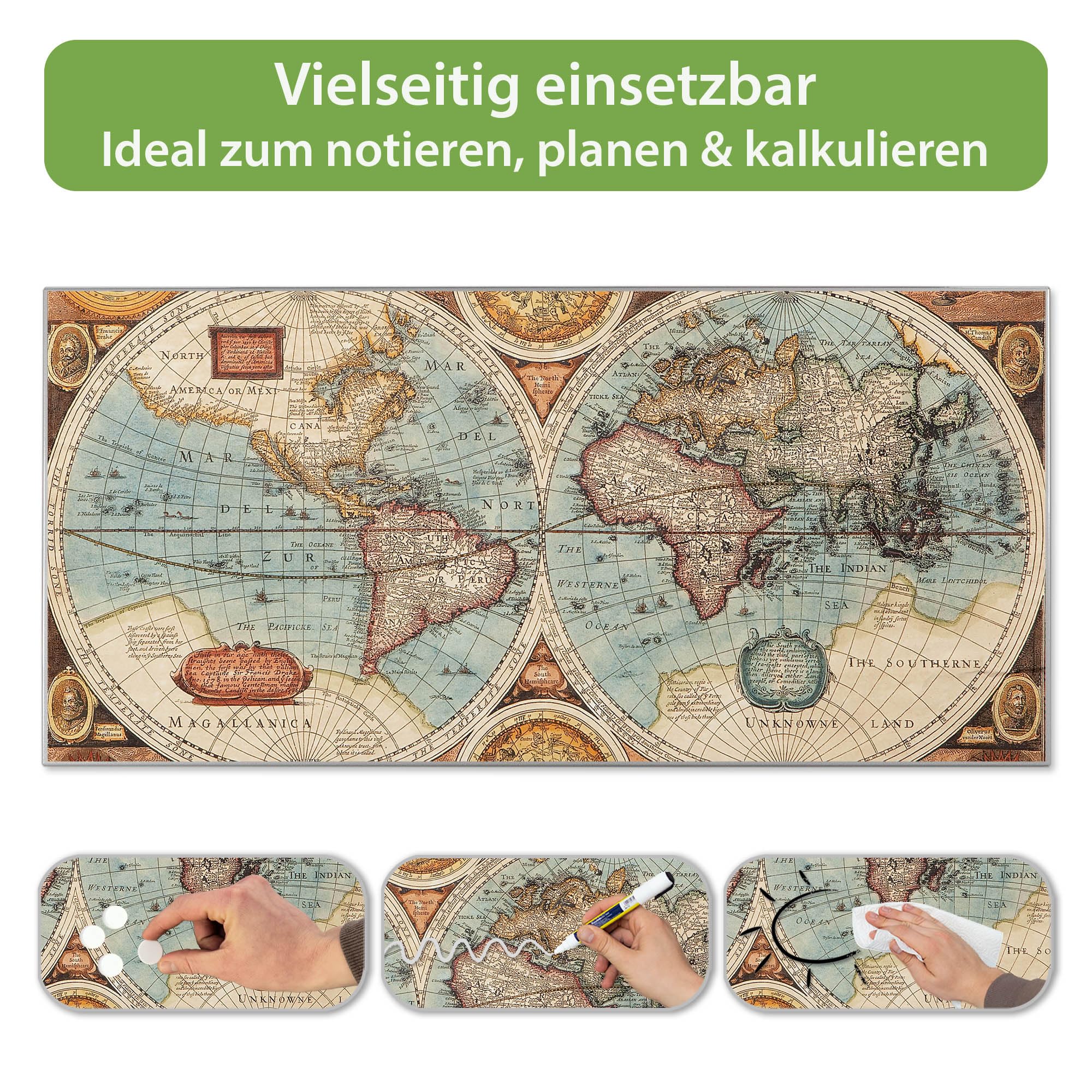 banjado Magnettafel Metall 78 x 37cm - beschreibbare Magnettafel - Metall Pinnwand als Memoboard - Magnetwand Küche, Büro, Kinderzimmer Grau inkl. 4 Magnete & Montageset - Motiv Historische Weltkart