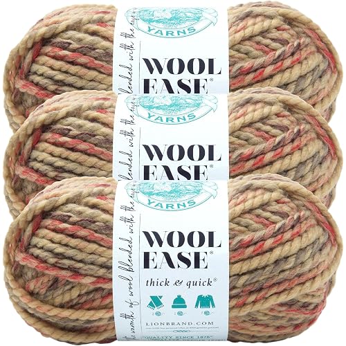 Lion Brand Yarn, Wool-Ease Thick & Quick Yarn, Jam Cookie Tan Multi, 3 Pack