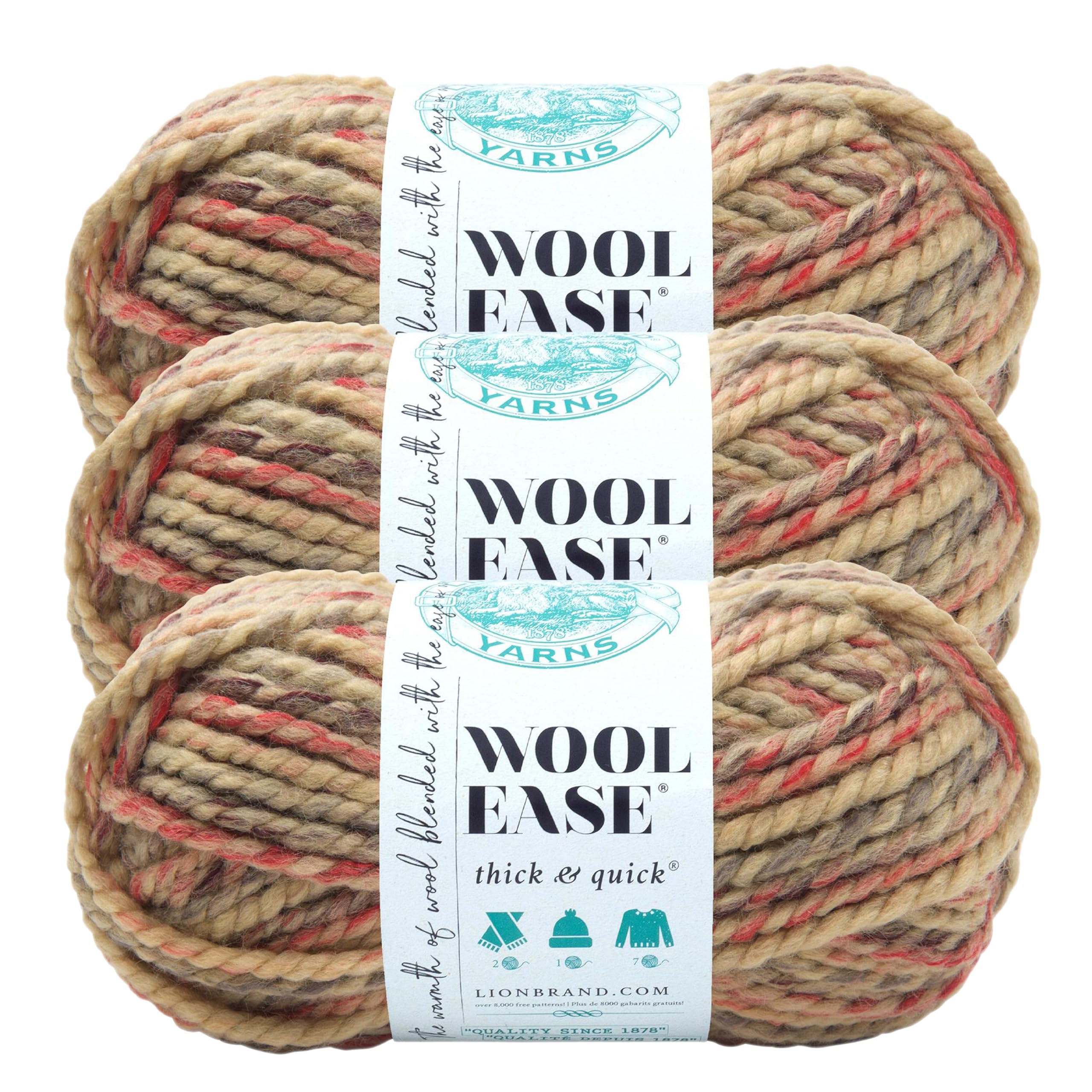 Lion Brand Yarn, Wool-Ease Thick &amp; Quick Yarn, Jam Cookie Tan Multi, 3 Pack