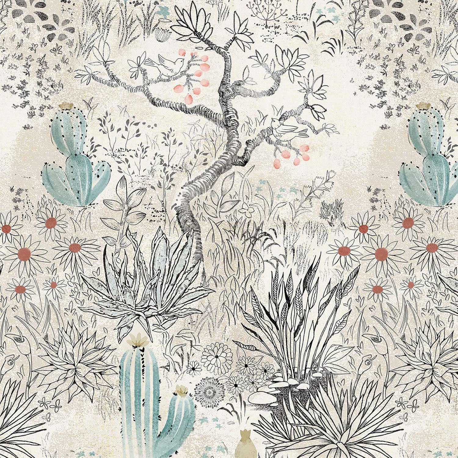 Cactus Peel and Stick Wallpaper Vintage Floral Contact Paper A Set of 17.3"x480" Vinyl Self-Adhesive Plants Wallpaper Removable Waterproof Wall Paper for Bedroom Living Room Furniture Cabinets