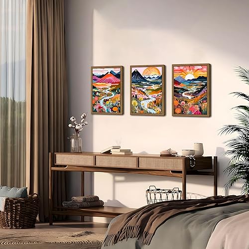 Miniatura 9 de Marco de madera bohemio colorido arte de pared, juego de 3 acuarelas abstractas de paisaje de montaña, pintura para decoración de pared, arte